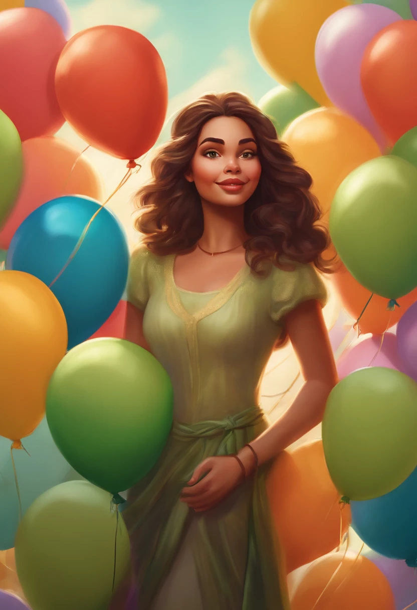 Uma mulher loira , com o cabelo amarrado e com olhos verdes , holding colorful balloons , na formato de desenho da Disney e pixar