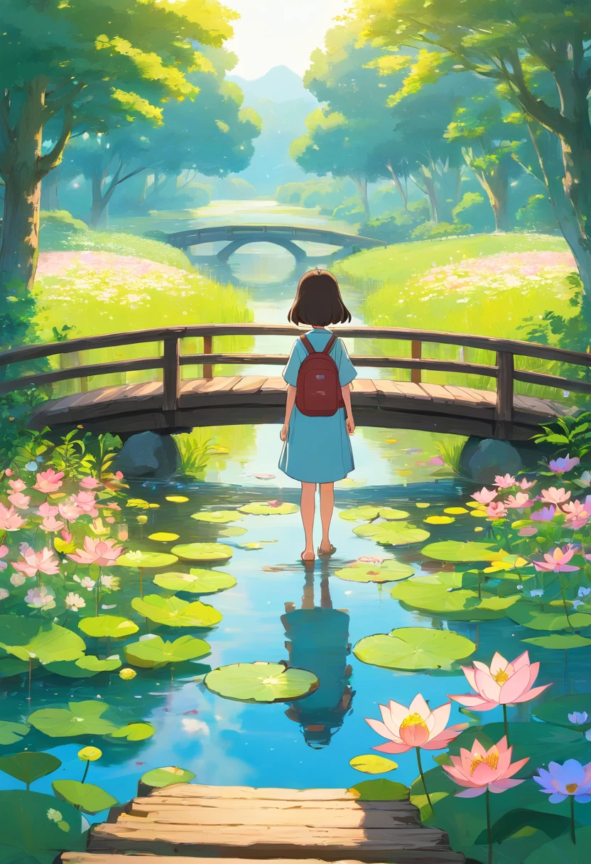 Rims with line art, A wooden bridge spans a field of flowers with a river, Lotus flower floating in the pond, A tree in full bloom々The light shines in from between, A  girl is reflected in the center, Spring-like scenery
