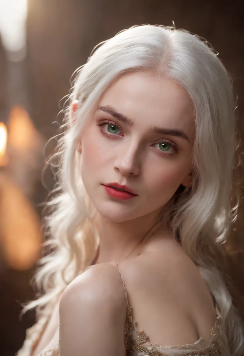 (((a deep reddish wound crosses her left cheek))) fair complexion, woman around 19 years old, natural white hair, distinctive green eyes, wearing nothing, slender and graceful, beautiful, candlelight in a medieval setting, ultra sharp focus, realistic shot, medieval female clothes, tetradic colors (scar:1.4)