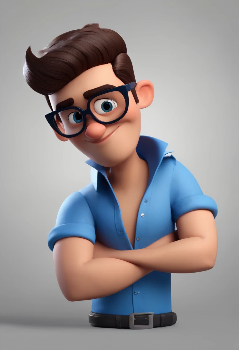 Cartoon character of a man wearing black glasses and a blue shirt, um personagem animado, Caractere estilizado, animation style rendering, 3D estilizado, Arnold Maya render, 3 d render stylized, toon render keyshot, Personagem 3D, Personagem 3D, 3d rendering stylized, 3 d character render, personagem de desenho animado, Personagem de close up, Pose de personagem, (Estilo Pixar) (master part:1.2) (Bokeh) (best quality) (pele detalhada) (textura detalhada) (8k) (argila) (Cinematic lighting) (foco nítido,Senta e vaza a parte superior do corpo