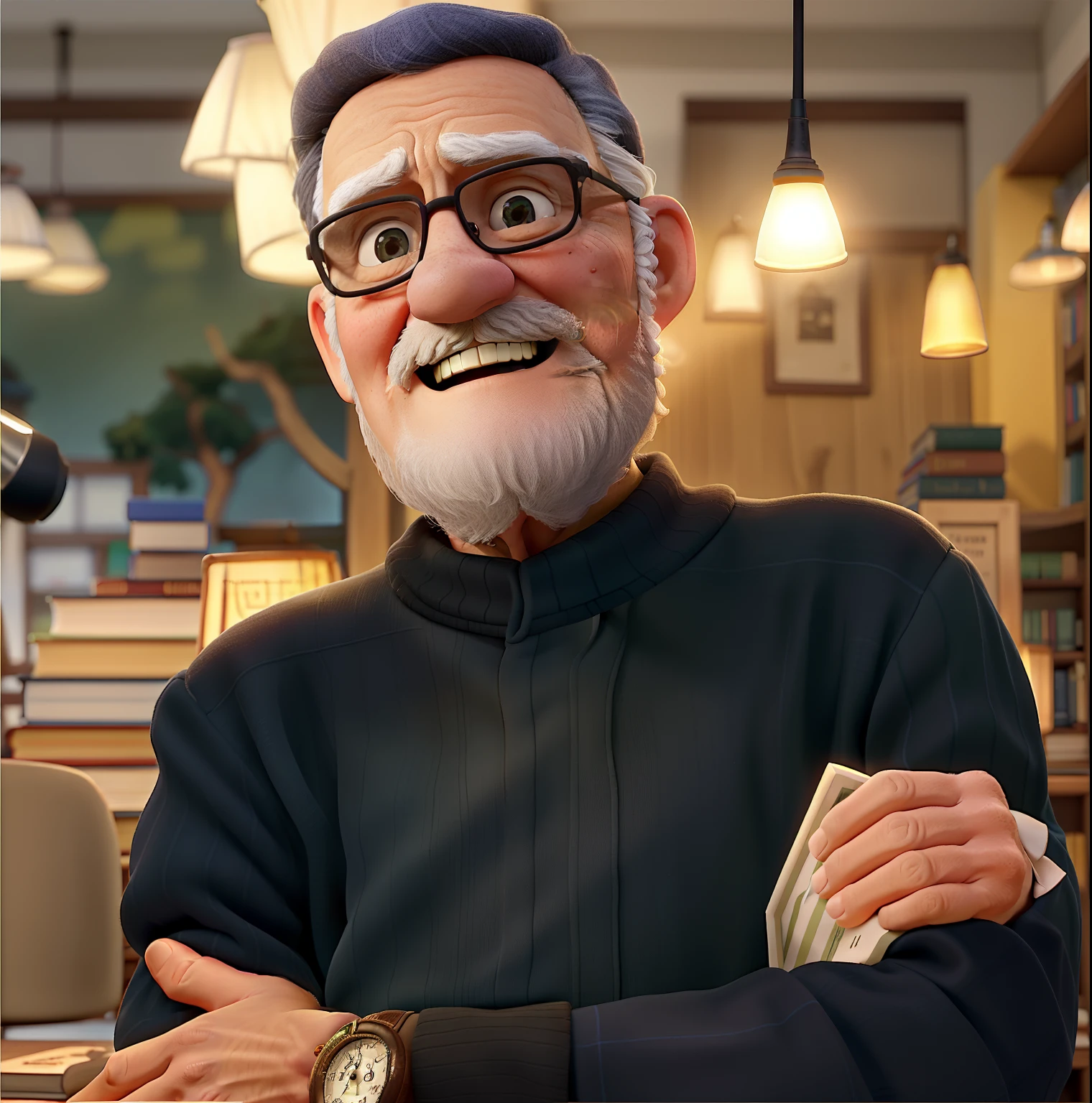 A wise old man standing in front, illuminated by the light of a lamp, against the backdrop of a library
