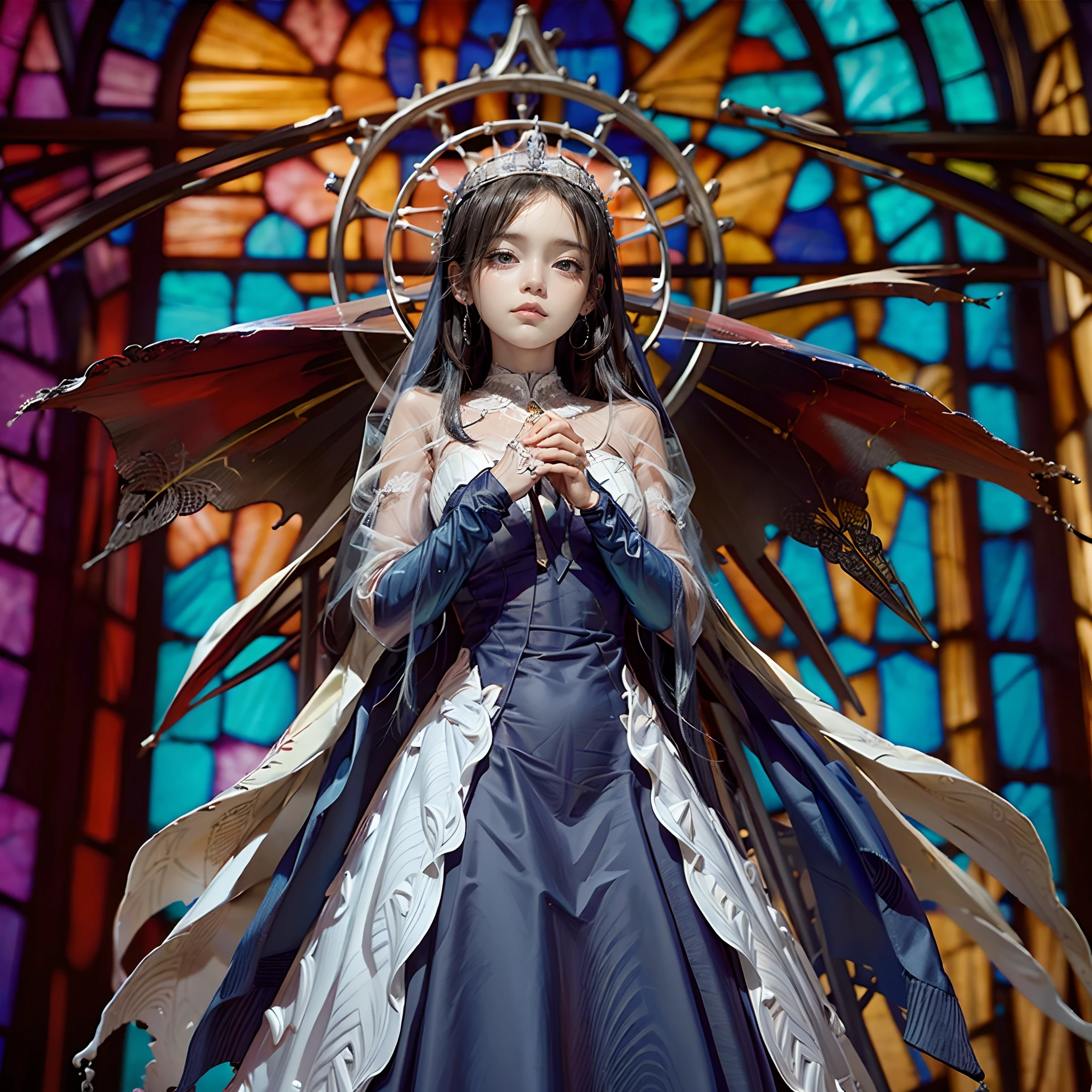 (((from below:1.2))), (((masutepiece:1.35))), (((8K))), (((hight resolution))), (((surrealism))), (((Cinematic lighting))), god rays, Zoom Layer, (((FULL BODYSHOT))), F/4.0, canon, Shiny skin,Detailed skin,Detailed face, Detailed eyes, Beautiful bride goddess, Churches in France, Royal Tiara, see-through wedding dresses, silver earing, In cross, Mystical sight, ((Light shines through stained glass))