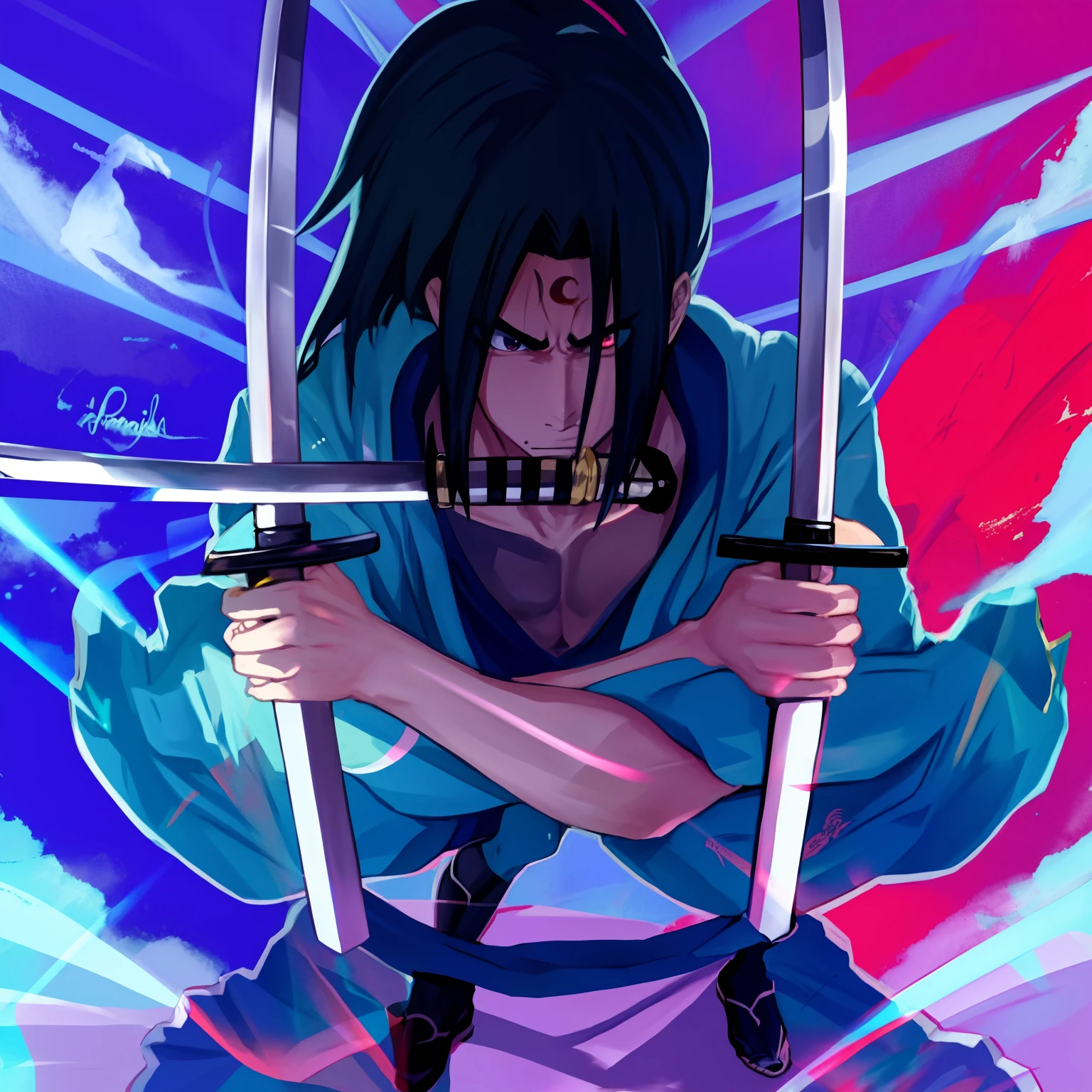 A cartoon image of a man holding two swords in his hands, empunhando espada na boca, wielding twin swords, dramatic wielding katana pose, empunhando uma katana, com espada grande, Akiyuki Shinbou, sasuke uchiha, segurando duas espadas, segurando katana, ninja scroll estilo anime, Yuyushiki, dramatic wielding sword pose