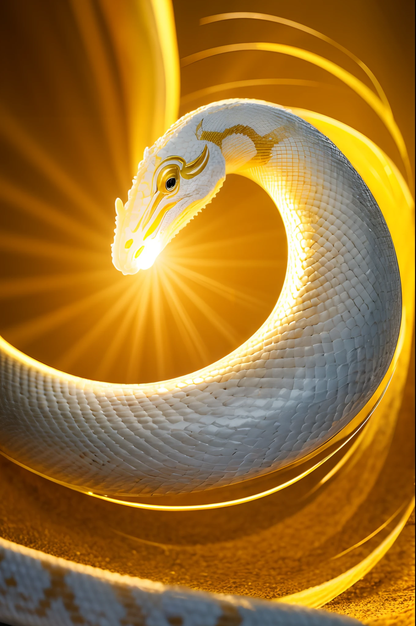 The White Serpent of God Riding on the money Golden background slightly blurred The white snake is looking at this One horse Advance White cute face Top image quality