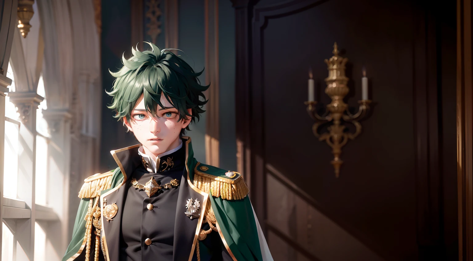 Midoriya Izuku, he is dressed in black prince clothes with gold details, his cape is black and glued to the collar of his costume, his expression is perverse, it is noted that he is in a medieval palace with neutral colors like: black, gray and white. In this palace there are large bright panes of glass, luminous landscape. His eyes are green, his hair very dark green, his waist is thin although he is a grown man, high resolution, masterpiece, focus on the landscape.