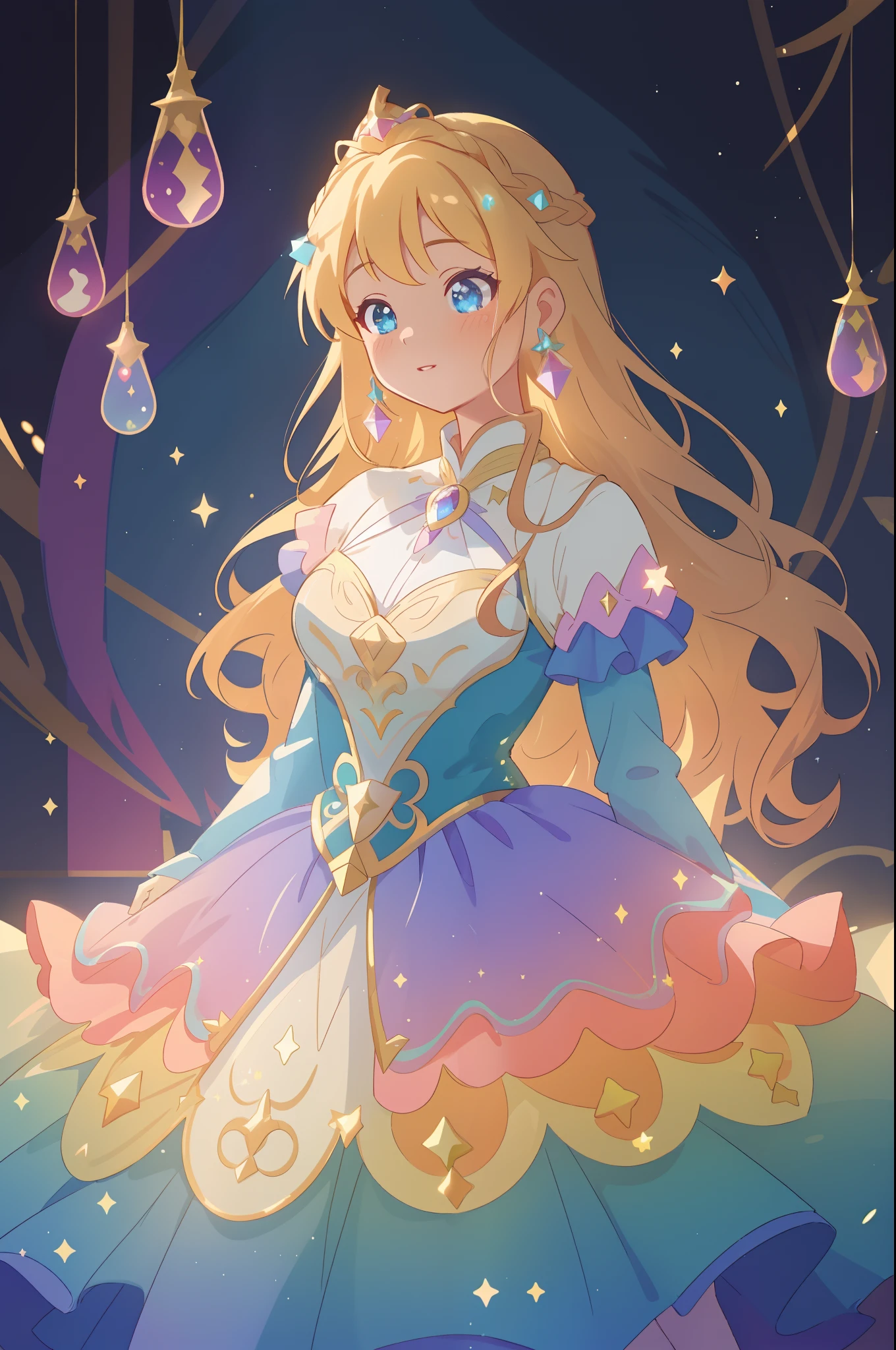 beautiful anime girl, princess, colorful fantasy princess layered ballgown, colorful rainbow layered ballgown dress, fantasia background, sparkling lights, sparkling ballgown, twinkling lights, magical, soft pastel colors, (masterpiece), best quality, sharp focus, intricate details, highly detailed, detailed dress design, sharp focus, high resolution, 8k resolution, beautiful face, golden ratio, perfection, perfect composition, sparkling eyes, highly detailed eyes, perfect face, beautiful, sparkling lights, dark background, cinematic lighting, long wavy blonde hair