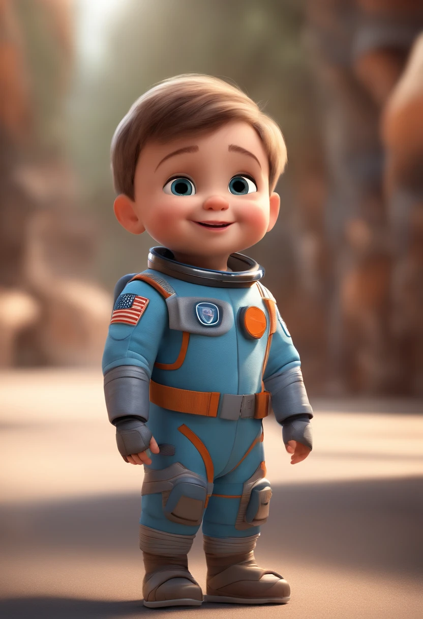 A happy cute little boy standing with short hair, Usar un disfraz espacial, , fondo blanco, infant, Tom, estilo pixar, ....3D, Dibujos animados, cara detallada, 16K asymmetrical