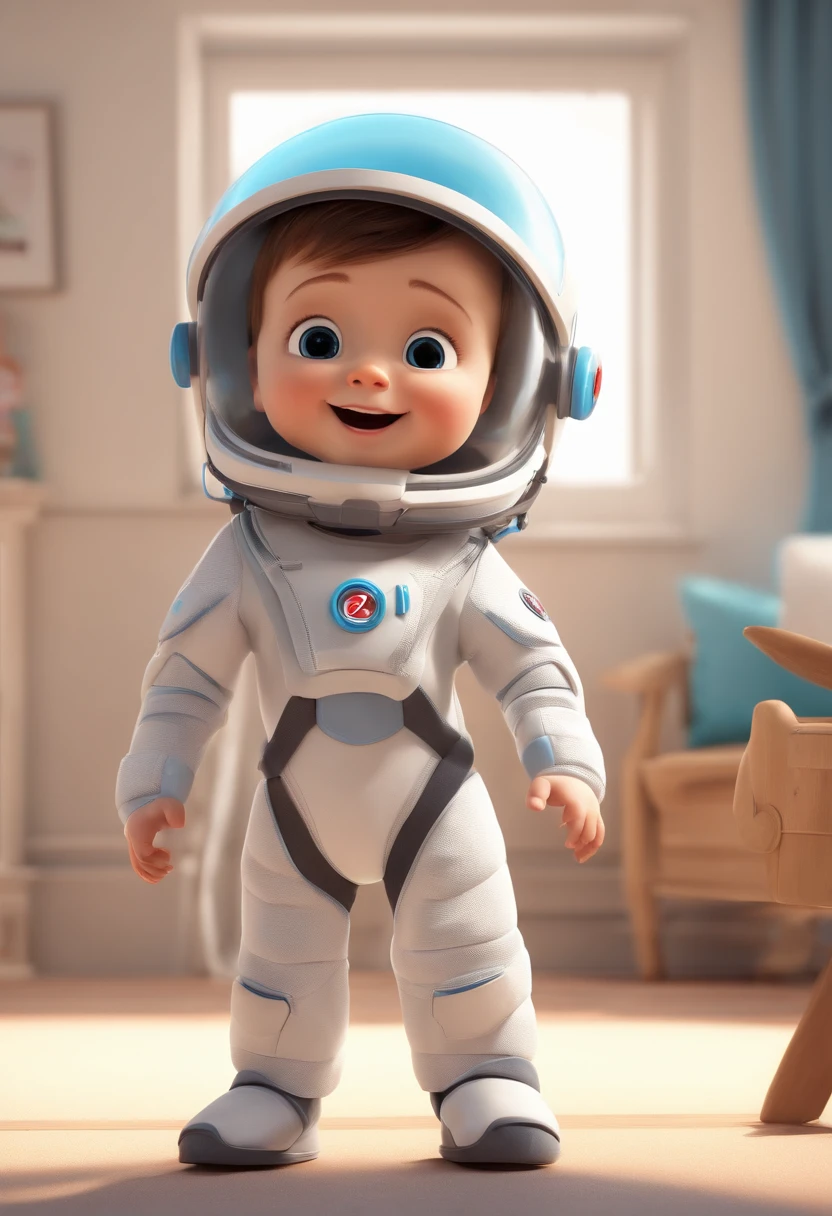 A happy cute boy standing with short hair, Usar un disfraz espacial, , fondo blanco, infant, Tom, estilo pixar, ....3D, Dibujos animados, cara detallada, 16K asymmetrical
