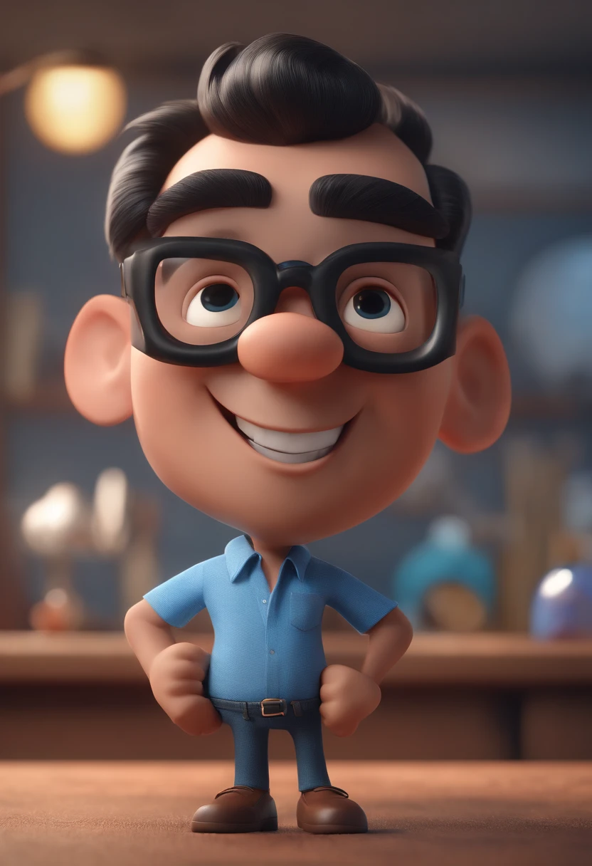 Cartoon character of a man with black glasses and a blue shirt, animation character, Caractere estilizado, animation style rendering, 3D estilizado, Arnold Maya render, 3 d render stylized, toon render keyshot, Personagem 3D, Personagem 3D, 3d rendering stylized, 3 d character render, personagem de desenho animado, Personagem de close up, Pose de personagem,  (Estilo Pixar) (master part:1.2) (Bokeh) (best quality) (pele detalhada) (textura detalhada) (8k) (argila) (Cinematic lighting) (foco nítido