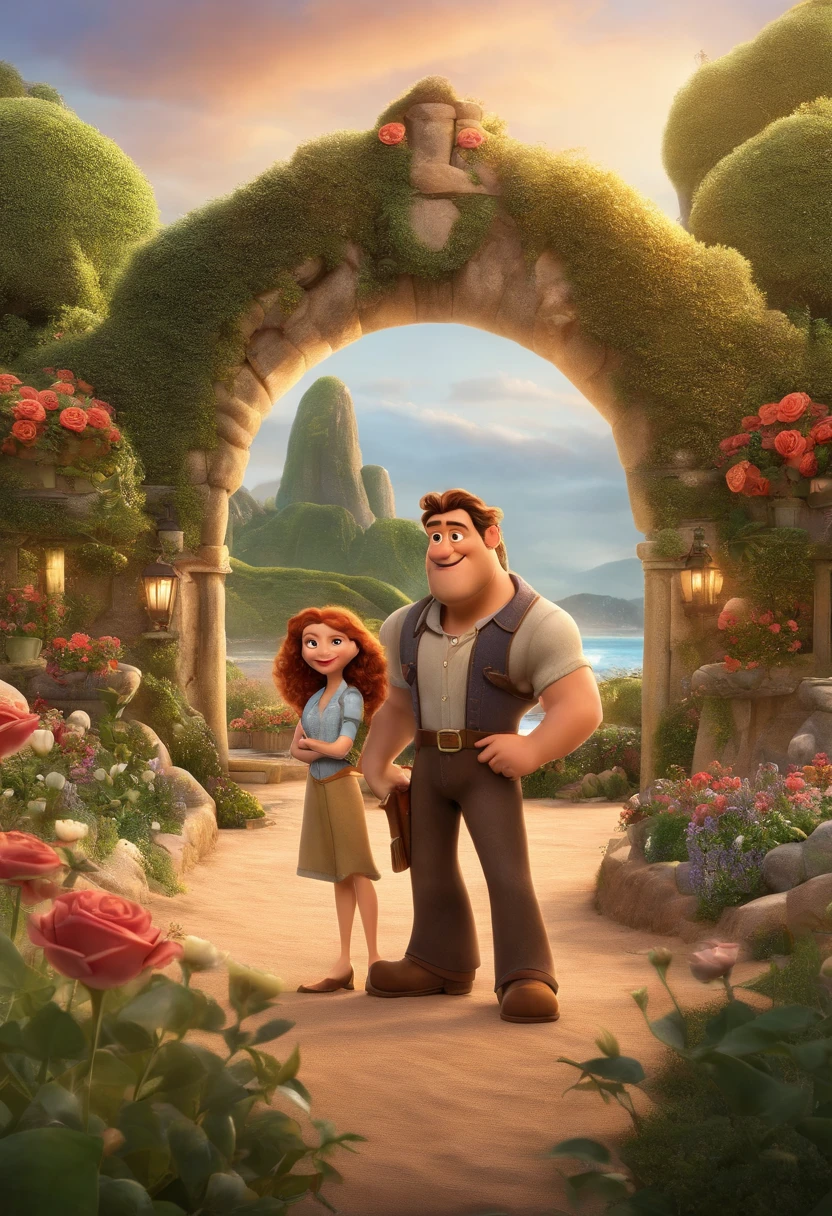 a Disney Pixar movie poster showing a white-skinned family. The father is the tallest, Tem barba curta, loiro, cabelos curtos e espinhosos. The mother has brown eyes and hair, shoulder-length and is slightly overweight. A menina tem 4 anos e cabelos castanhos, roupa rosa e rabos de cavalo. The background is a beach garden. 3D-rendering