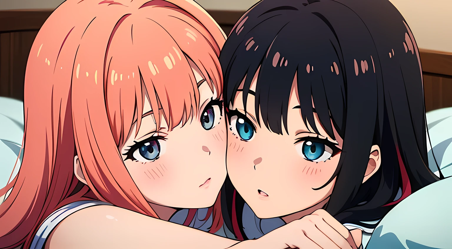 2 girls, Engage Kiss, (beautiful eyes finely detailed, multicolored hair different colors), wearing different outfit, laying down in bed, full body, teasing facial expression, looking at the camera, blush on their face, bedroom, master piece, sidelighting, top-quiality, detailed, full body photos, High Resolution anime illustration
