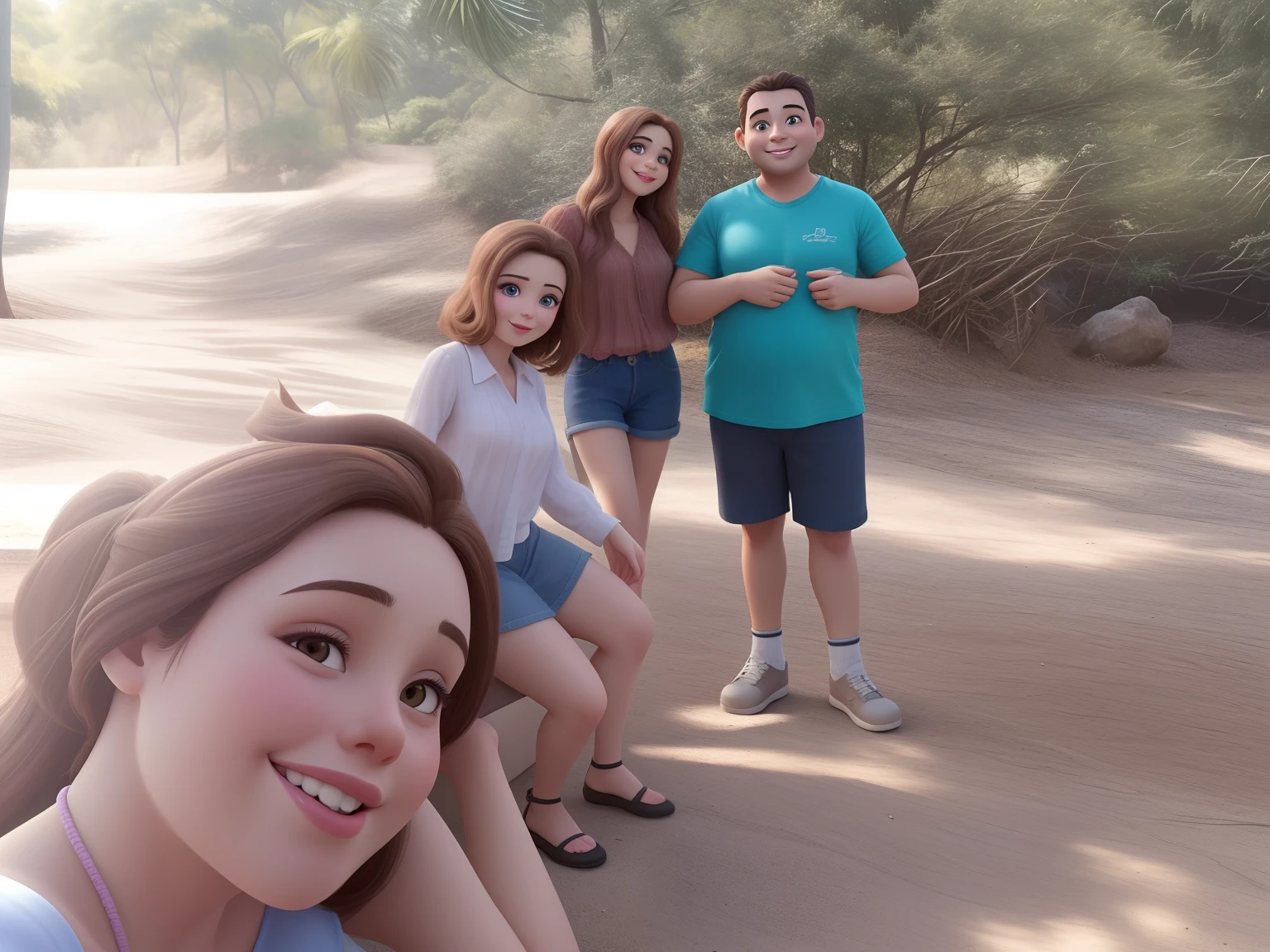 Familia, with a visible eye that appears to be light brown in color. Sua pele parece clara e ela exibe um sorriso leve, com uma covinha na bochecha. O rosto dela mostra uma sobrancelha bem definida e uma pele aparentemente lisa. She's wearing a gray blouse, com alguns desenhos em azul. she is a little chubby, but not too much. No estilo Disney Pixar