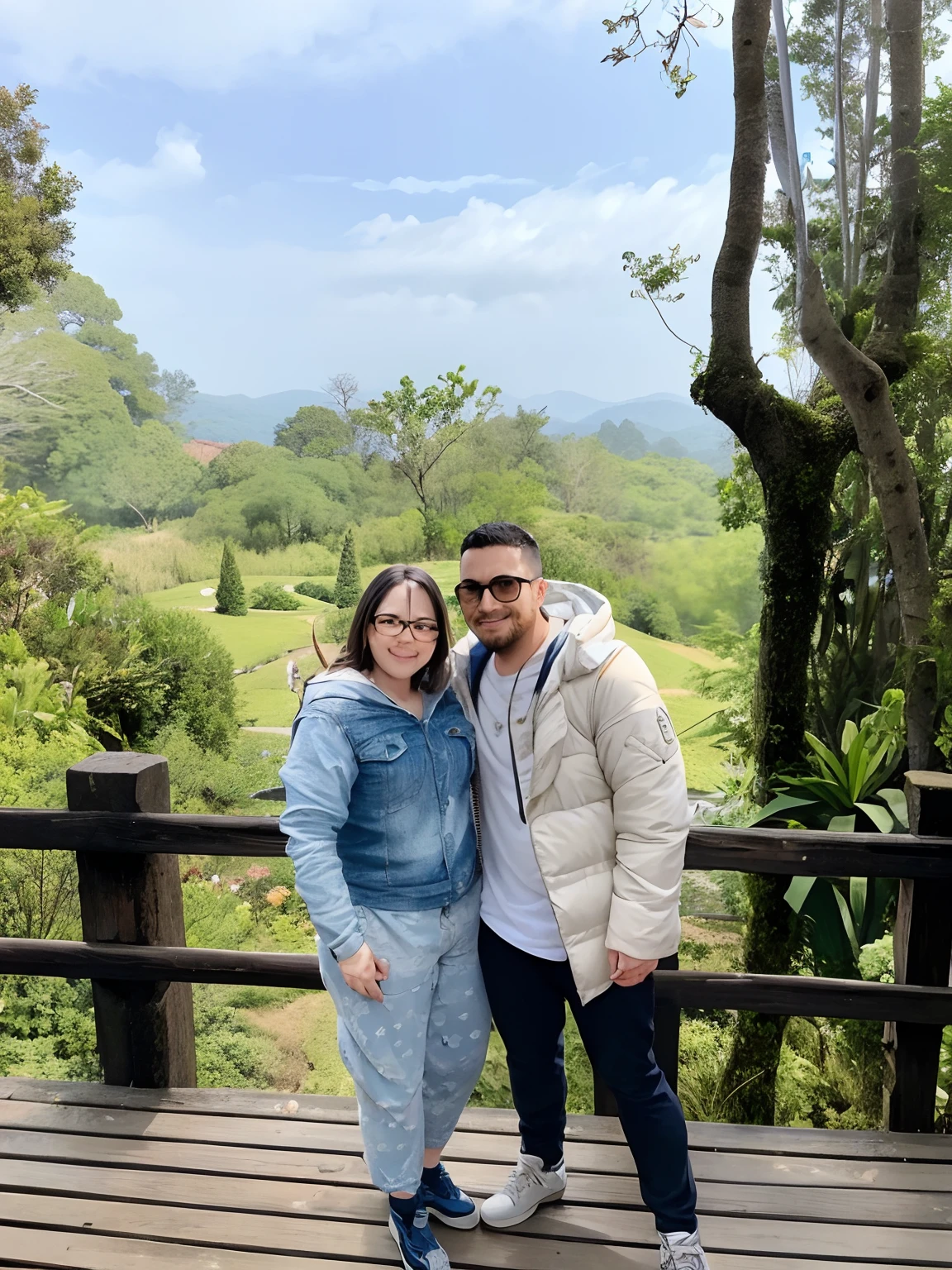 There are two people standing on a wooden deck in the woods, Selvas ao fundo, in front of an amazing forest, com montanhas ao fundo, floresta de nuvens em segundo plano, in the background is lush jungle, standing in a botanical garden, com montanhas como pano de fundo, em frente a um fundo de floresta, em uma floresta tropical