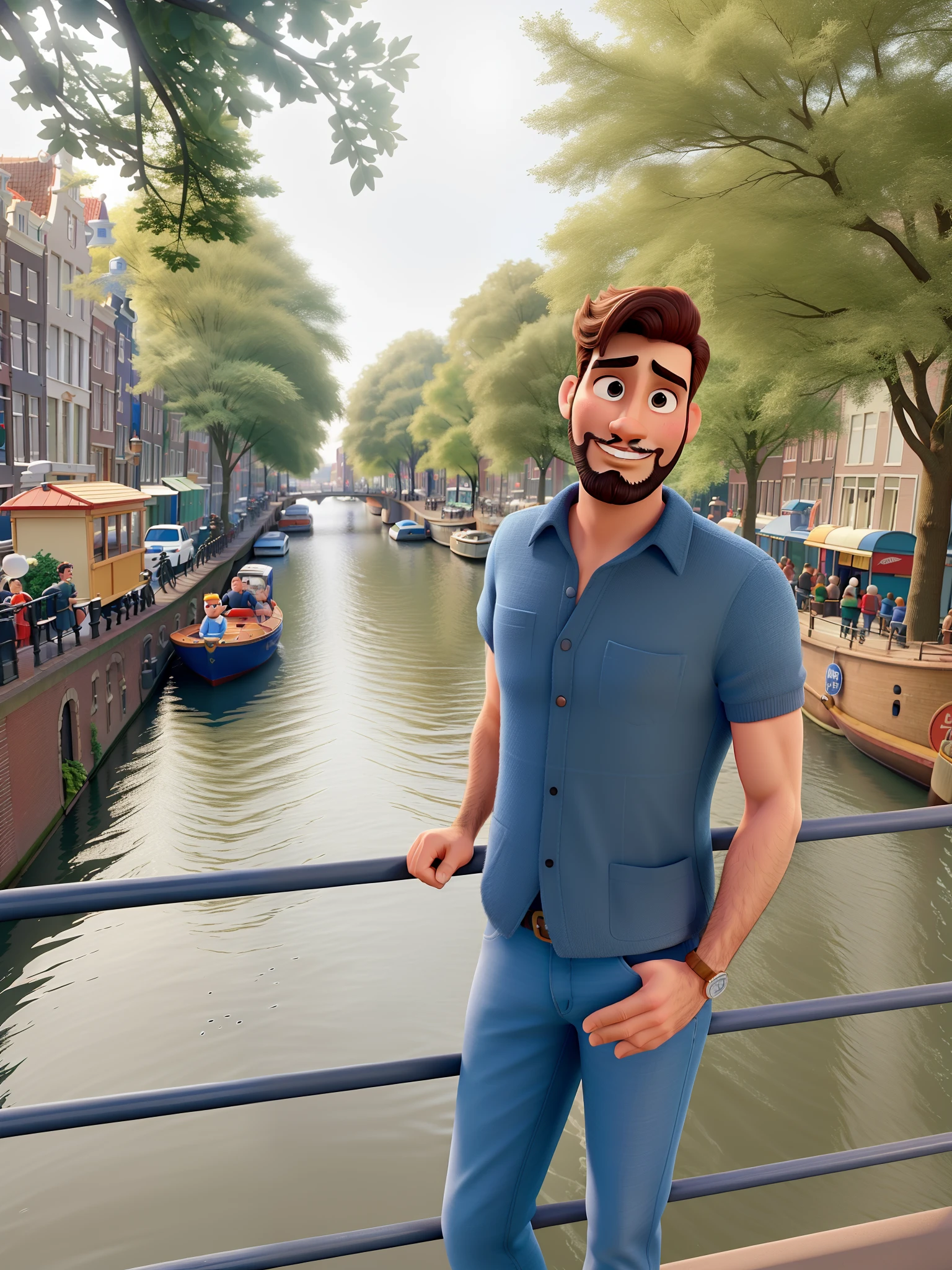 Homem branco alto de barba em canal de Amsterdam no estilo Disney Pixar, Glamorous lighting, extremely high quality,