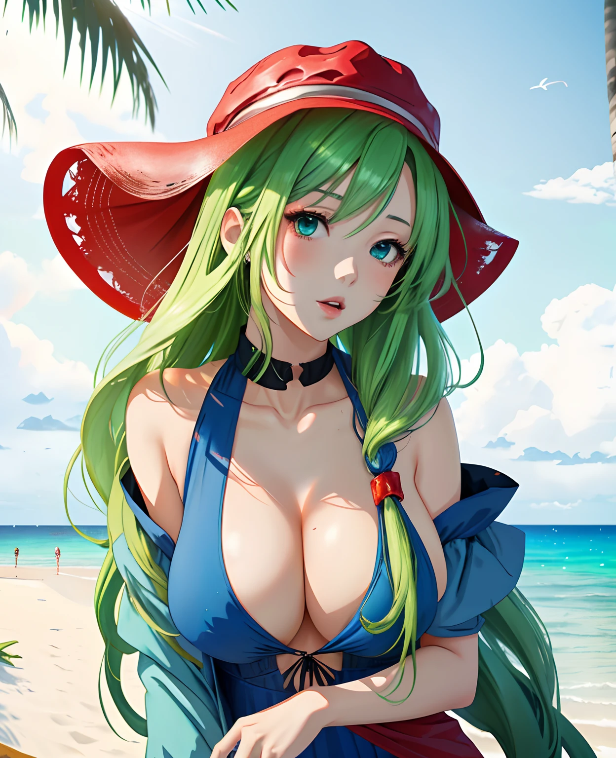 anime girl with green hair and a red beach hat, android heroine, with index finger,((blue dress)),((medium boobs)),((beach background)),((detailed skin and cleavage))