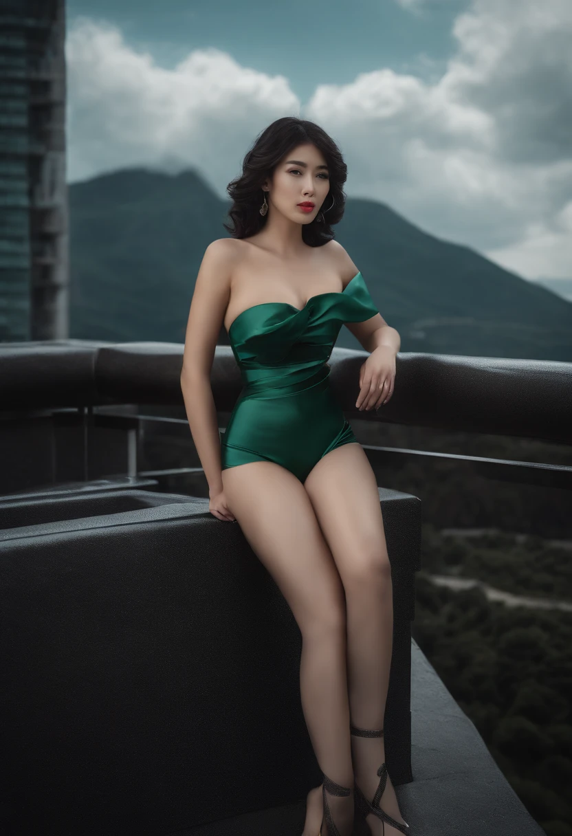 Ultra-realistic 8K CG,(A futuristic:,Perfect artwork,tmasterpiece,Cidade futuristica,future era,Machinary,fanciful),((detailedbackground)))Sexy 20 year old asian female muscular fresh model,stunningly beautiful,are standing,looking at the camera in,with short black hair,wavy shiny hair,50 mm portrait,carismatic,Gentle curves,gigantic ass,Wide buttock,moist lips,cybernetic perfect body,Perfect abs,。.。.3D, Also super realistic,Black and green clothes