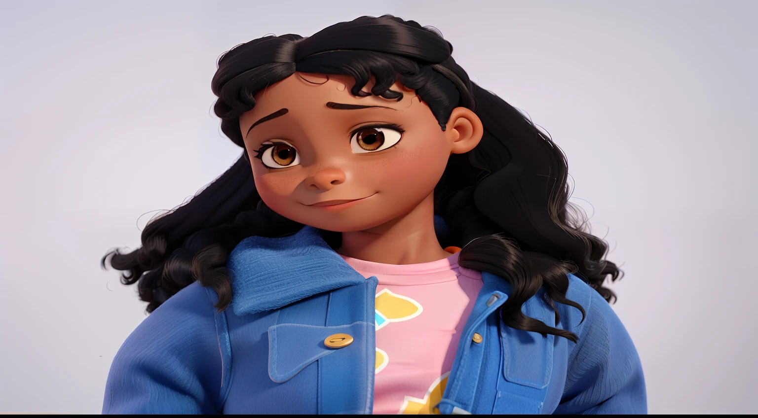 Uma negra de pele clara de 6 anos de idade estilo Disney pixar, alta qualidade, melhor qualidade