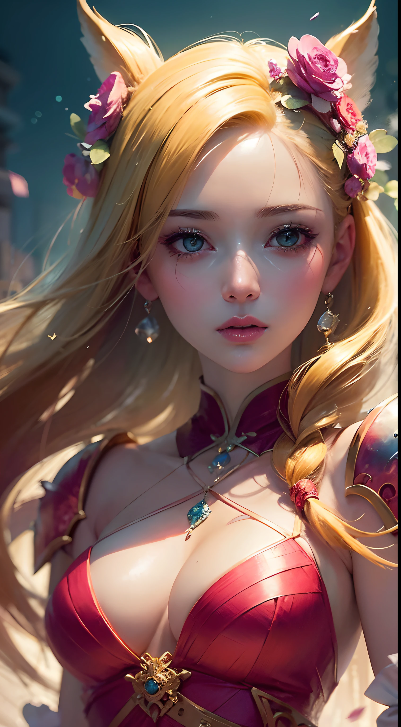 a close up of a woman with blonde hair in a pink and red dress, chengwei pan on artstation, by Yang J, detailed fantasy art, stunning character art, fanart best artstation, epic exquisite character art, beautiful pink armor, extremely detailed artgerm, detailed digital anime art, artgerm on artstation pixiv, armor girl
