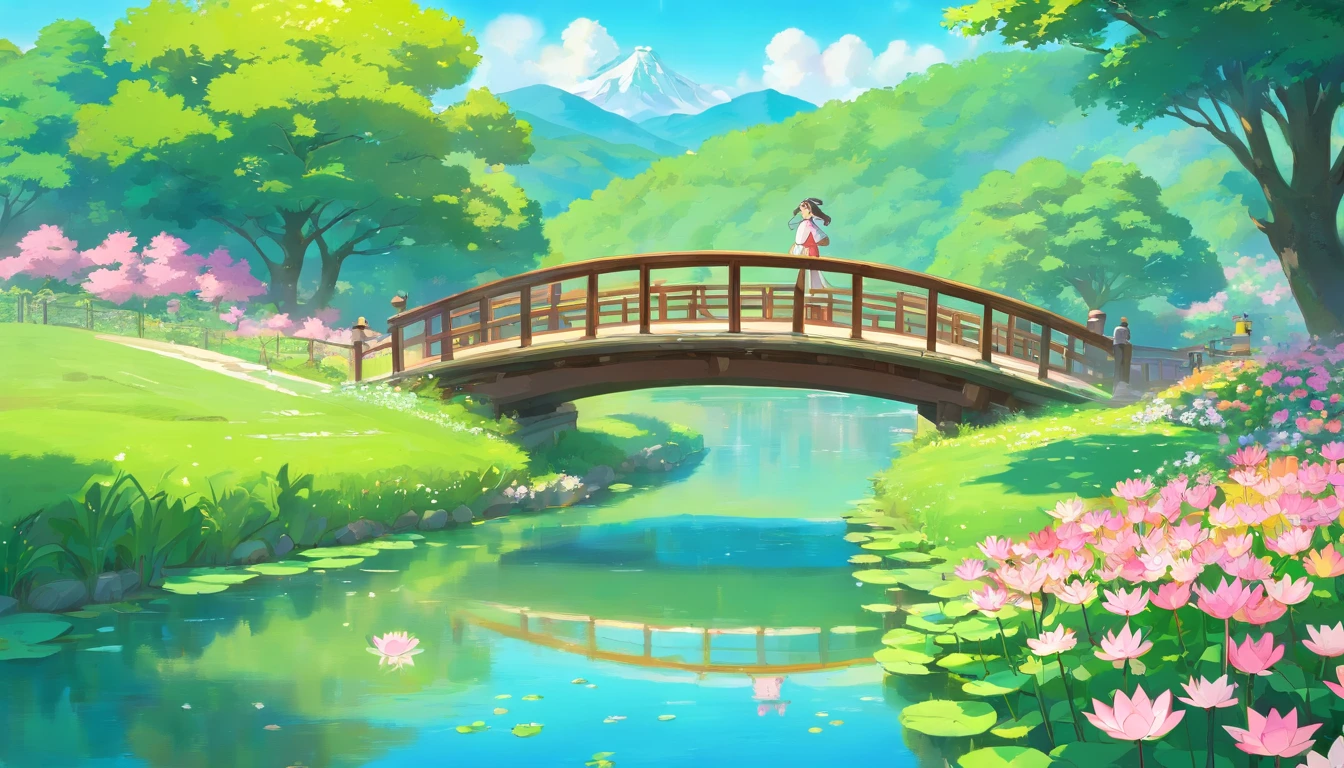 Rims with line art, A wooden bridge spans a field of flowers with a river, Lotus flower floating in the pond, A tree in full bloom々The light shines in from between, Spring-like scenery