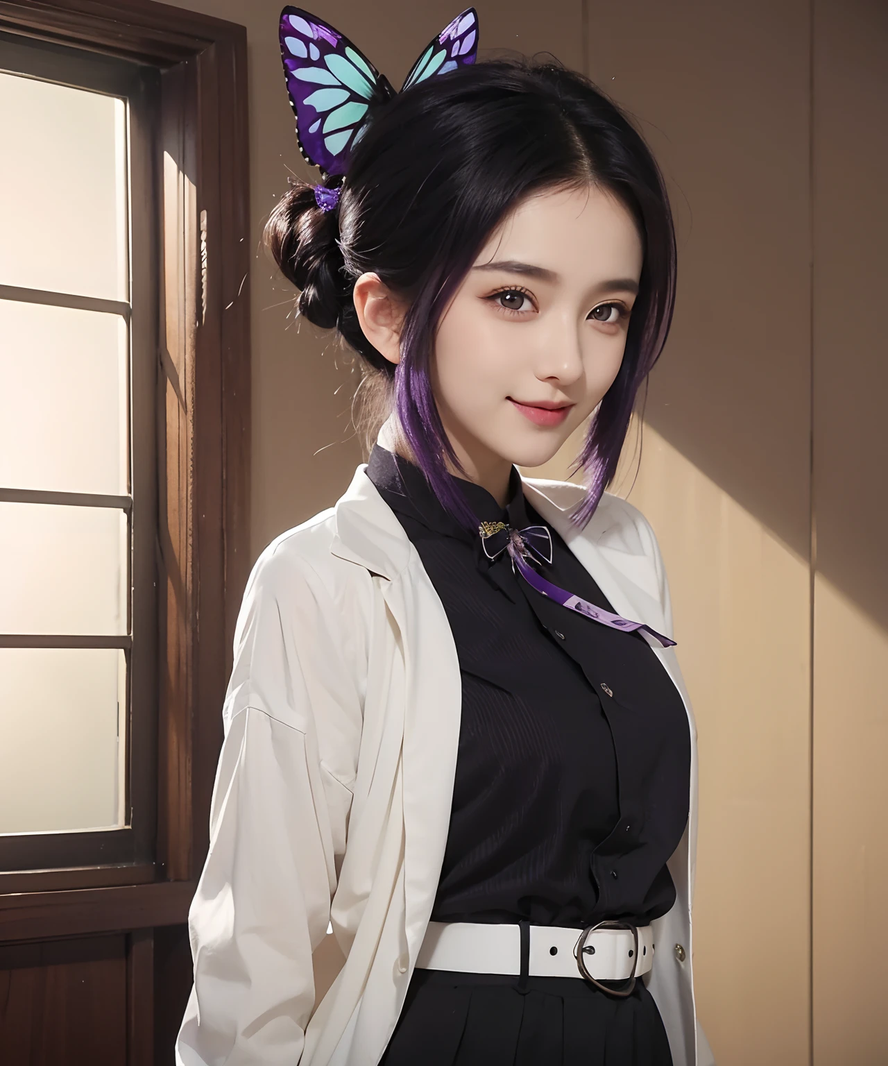 A girl with realistic black and purple hair, realistic rolled-back hairstyle, realistic butterfly hair clip, realistic bright purple eyes,Realistic Korean beautiful face, realistic cool expression, adapt exactly the same clothes, realistic light, realistic shadows, realistic background,Sweet smiling expression