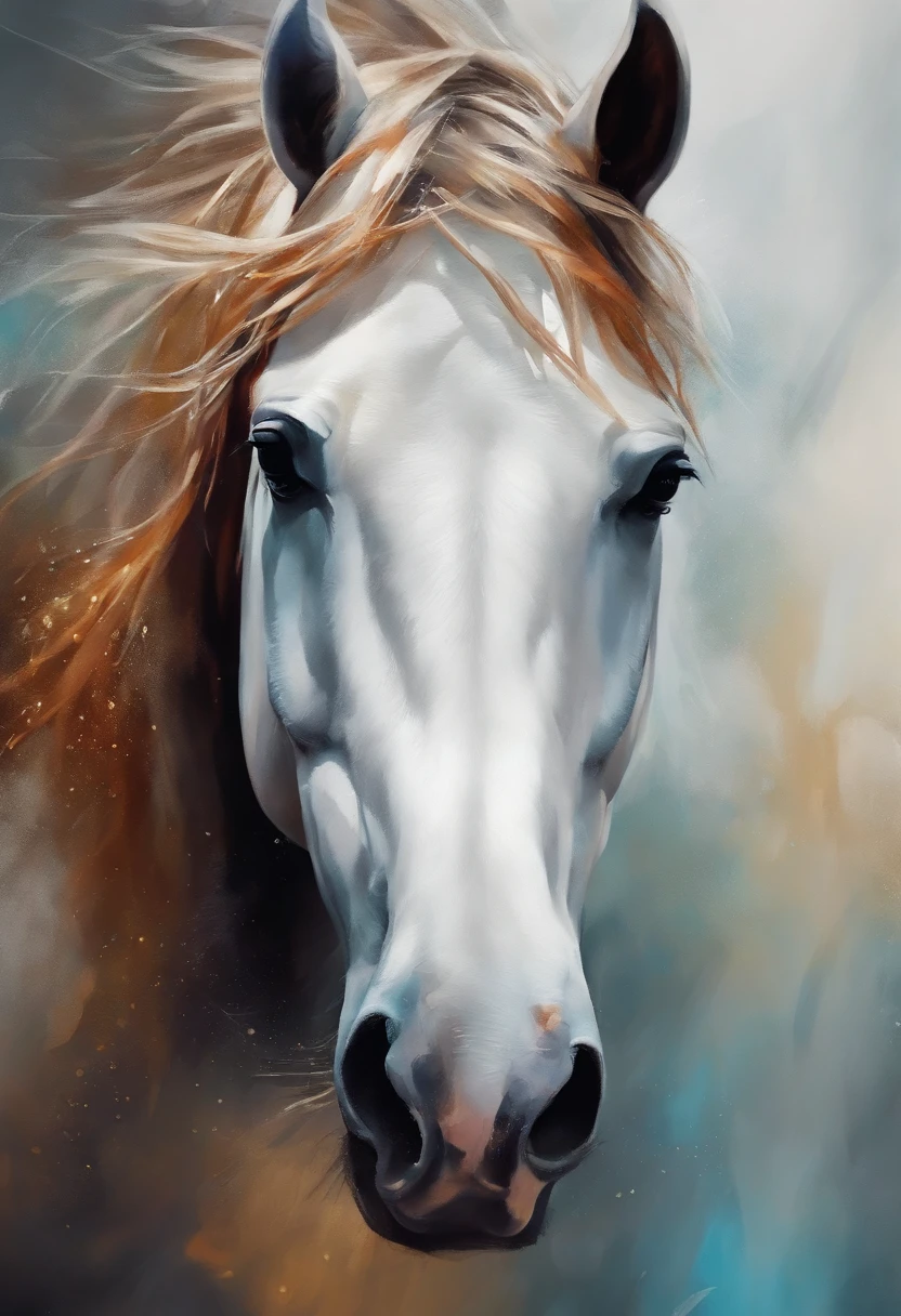 splashart, Horse Head, ((Backgrounid branco)), olhos penetrantes, epic instagram, art stations, estilo splash de tinta colorida, Contornos, hiper detalhado intrincadamente detalhado, motor irreal, genial, detalhes intrincados, tela inicial, cores complementares, Fantastic Art Concept, 8K分辨率, A obra-prima do Deviantart, oil painted, pinceladas pesadas, gotas de tinta, Splash-proof