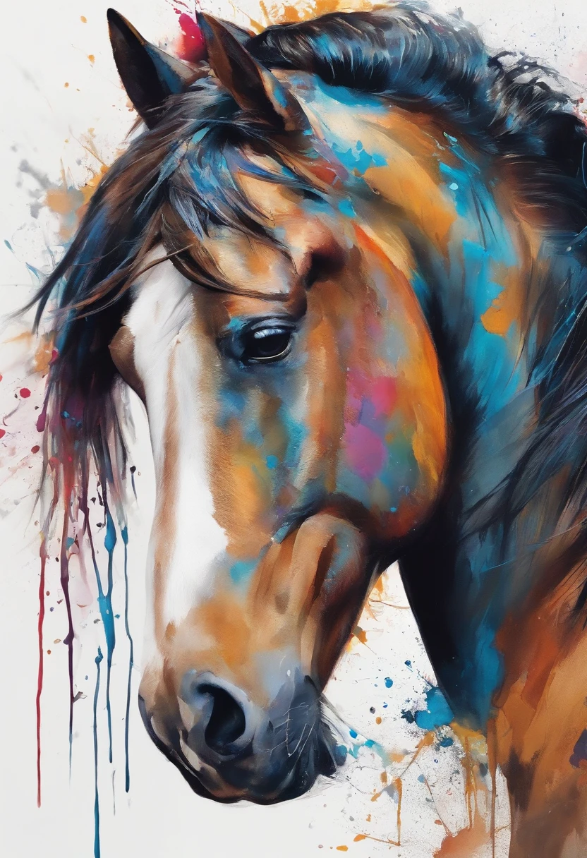 splashart, Horse Head, ((Backgrounid branco)), olhos penetrantes, epic instagram, art stations, estilo splash de tinta colorida, Contornos, hiper detalhado intrincadamente detalhado, motor irreal, genial, detalhes intrincados, tela inicial, cores complementares, Fantastic Art Concept, 8K分辨率, A obra-prima do Deviantart, oil painted, pinceladas pesadas, gotas de tinta, Splash-proof