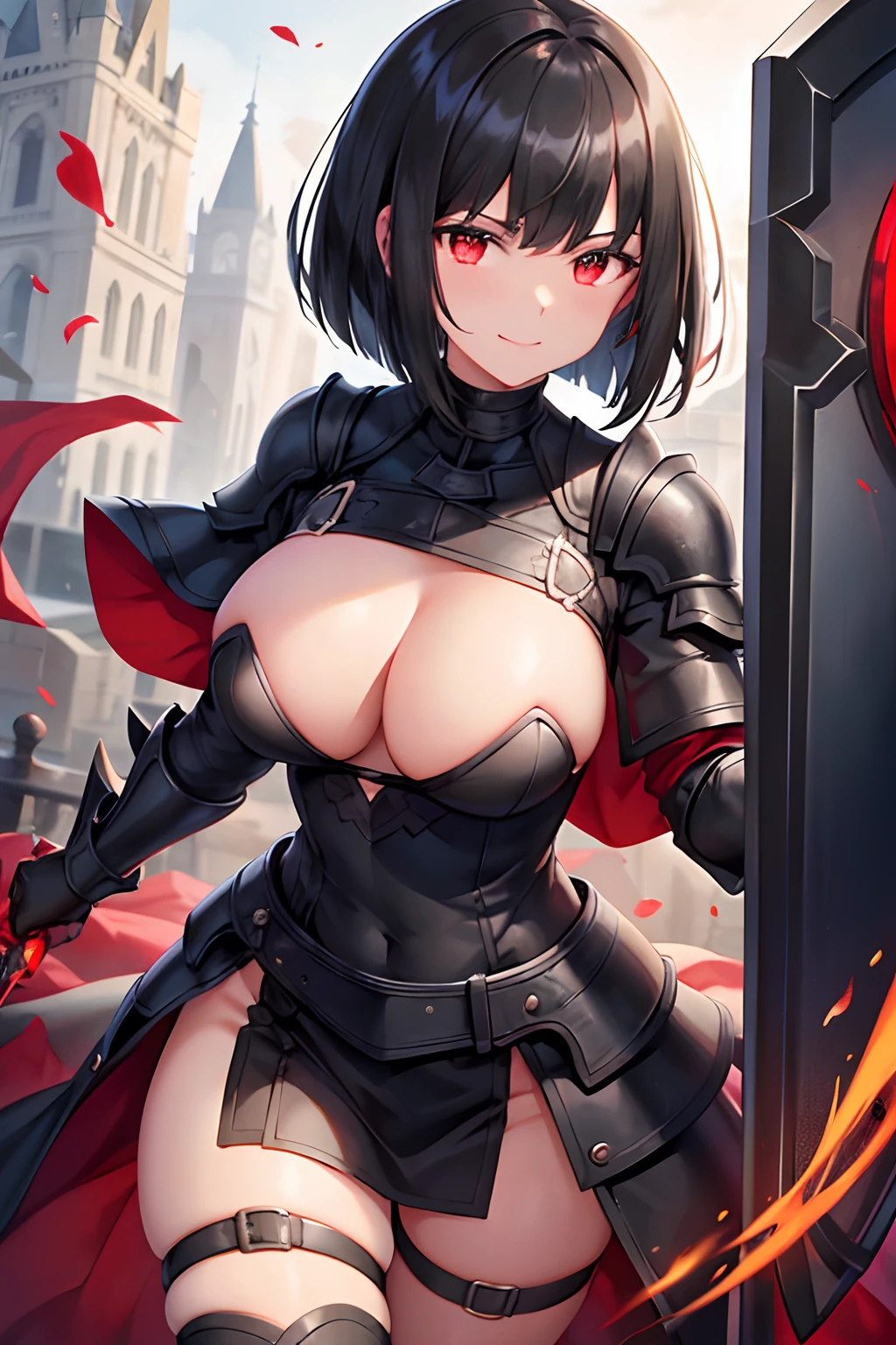 I don't want it to hurt, so I want to be defensive.。, A girl with a black hair bob cut wearing black armor with all her stats poured into her defenses, Rose pattern, Heavy Shot, kindly smile, Sauce order, Black shield larger than her body, A large shield embedded with a red ruby, Big stupid hair, flat chest,