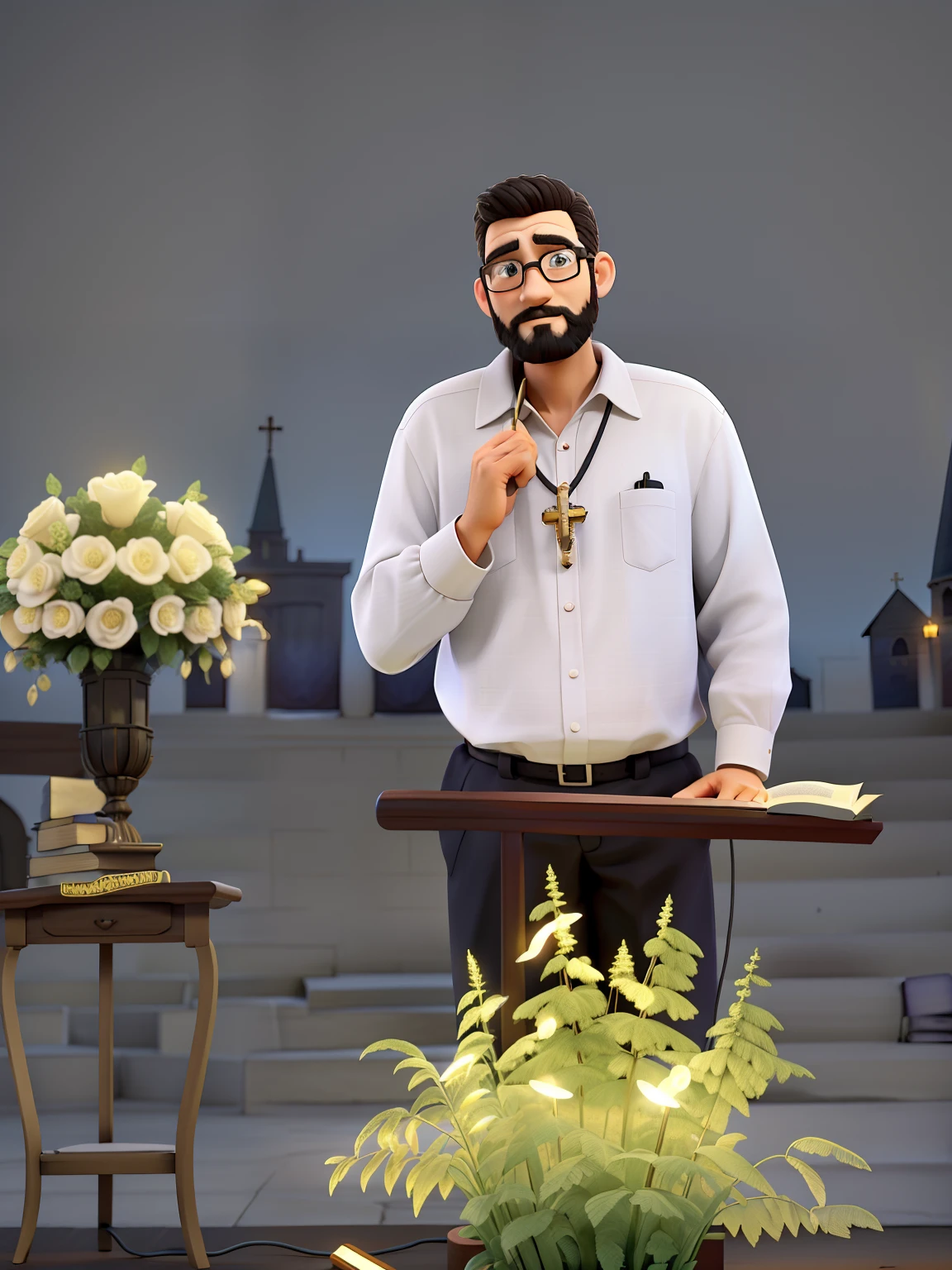 A wise man standing in front, illuminated by the light of a lamp, Against the backdrop of a church with a Bible in hand with a sign inviting you to a service at Manancial Baptist Church at 7 p.m.