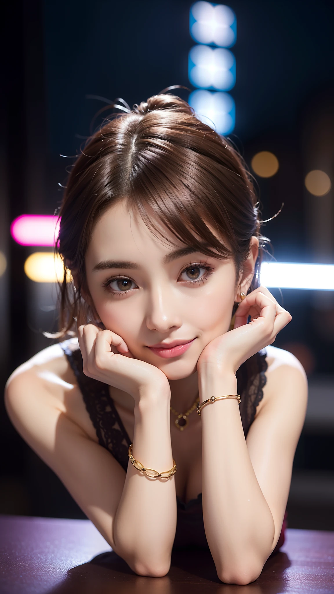 8K, masutepiece, Raw photo, Best Quality, Photorealistic, Highly detailed CG Unity 8k wallpaper, depth of fields, Cinematic Light, Lens Flare, Ray tracing, (Extremely beautiful face, Beautiful lips, Beautiful eyes), intricate detail face, ((Ultra detailed skin)) 1girl in, In the Dark, deepshadow, Pretty Korean girl, Kpop Idol, 1 girl, (Very slim and slender fit muscular body:1.3), ((Looking at Viewer)),(Big smile:1.3), (Hot Pink Color Blouse), (Sleeveless) , (Fashion City Night, a dark night, (Neon sign), (Blurred background), Fashion Street Night),(No people in the background:1.3), Beautiful earrings, Bracelets, Necklace, pantyhose, Clear eyes, Walking, (pale skin), (Big eyes), Face forward, ((upperbody shot)), ((silk color dresses:1.3)),(Brown hairs),((tight fit lace dress)), (laced dress), (see through), (Looking at Viewer:1.3) opened breast, Very slim, medium breasts, backtrack,((Back shot)), see through, Medium Butt