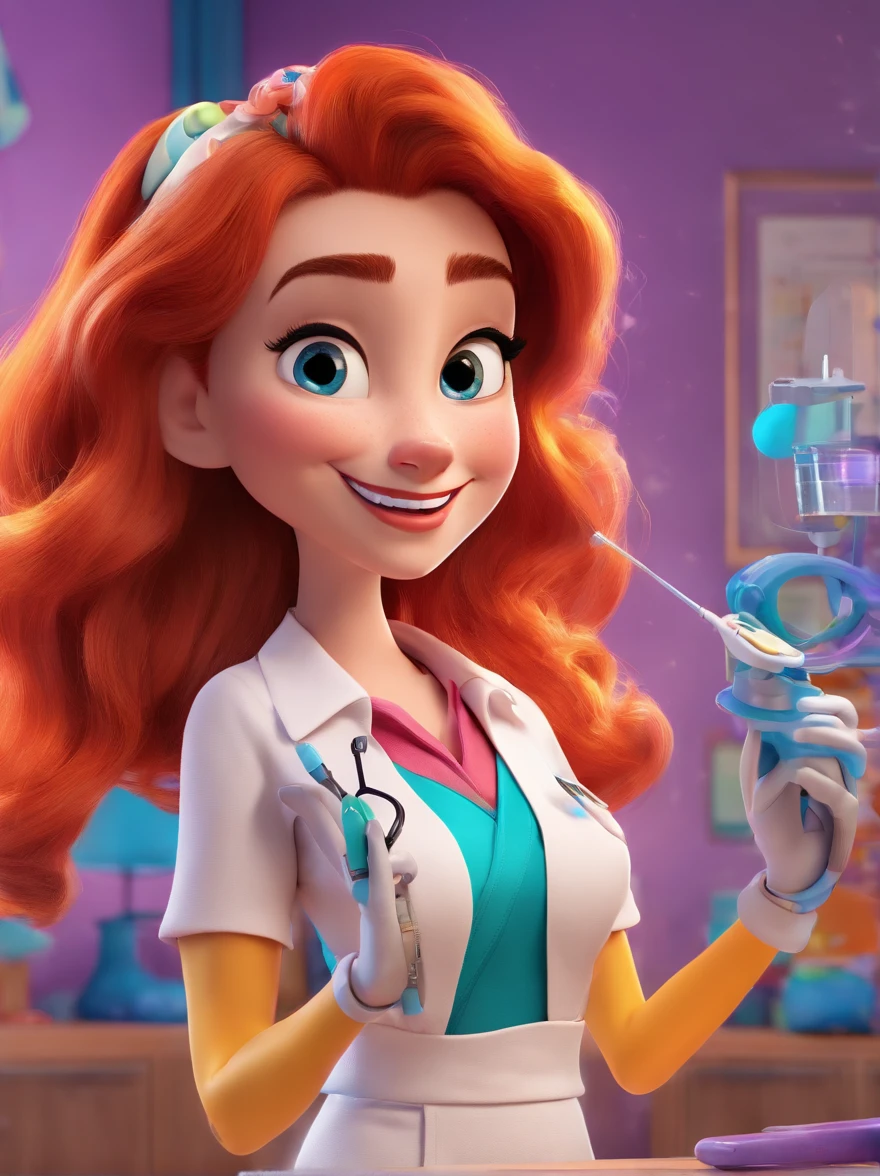 Disney-Pixar 3D poster image, with Pixar's signature digital art, A beautiful beautician woman, Beauty Studio environment, Wearing elegant medical scrubs, smiling, holding a syringe and medical instrument, full body, Ultra quality, vibrant colors, location with good lighting.