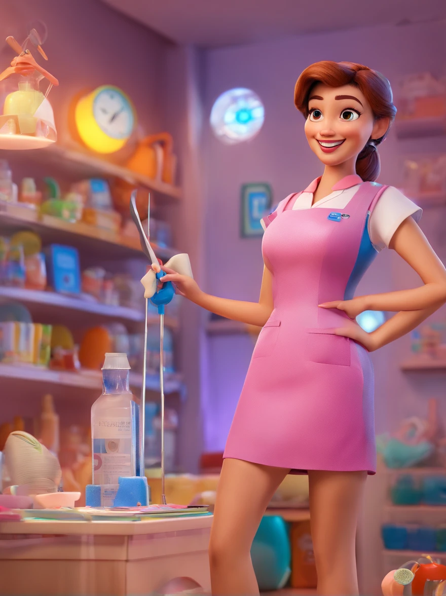 Disney-Pixar 3D poster image, with Pixar's signature digital art, A beautiful beautician woman, Beauty Studio environment, Wearing elegant medical scrubs, smiling, holding a syringe and medical instrument, full body, Ultra quality, vibrant colors, location with good lighting.