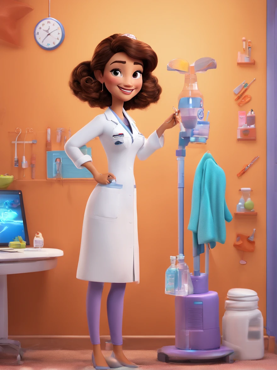 Disney-Pixar 3D poster image, with Pixar's signature digital art, A beautiful beautician woman, Beauty Studio environment, Wearing elegant medical scrubs, smiling, holding a syringe and medical instrument, full body, Ultra quality, vibrant colors, location with good lighting.