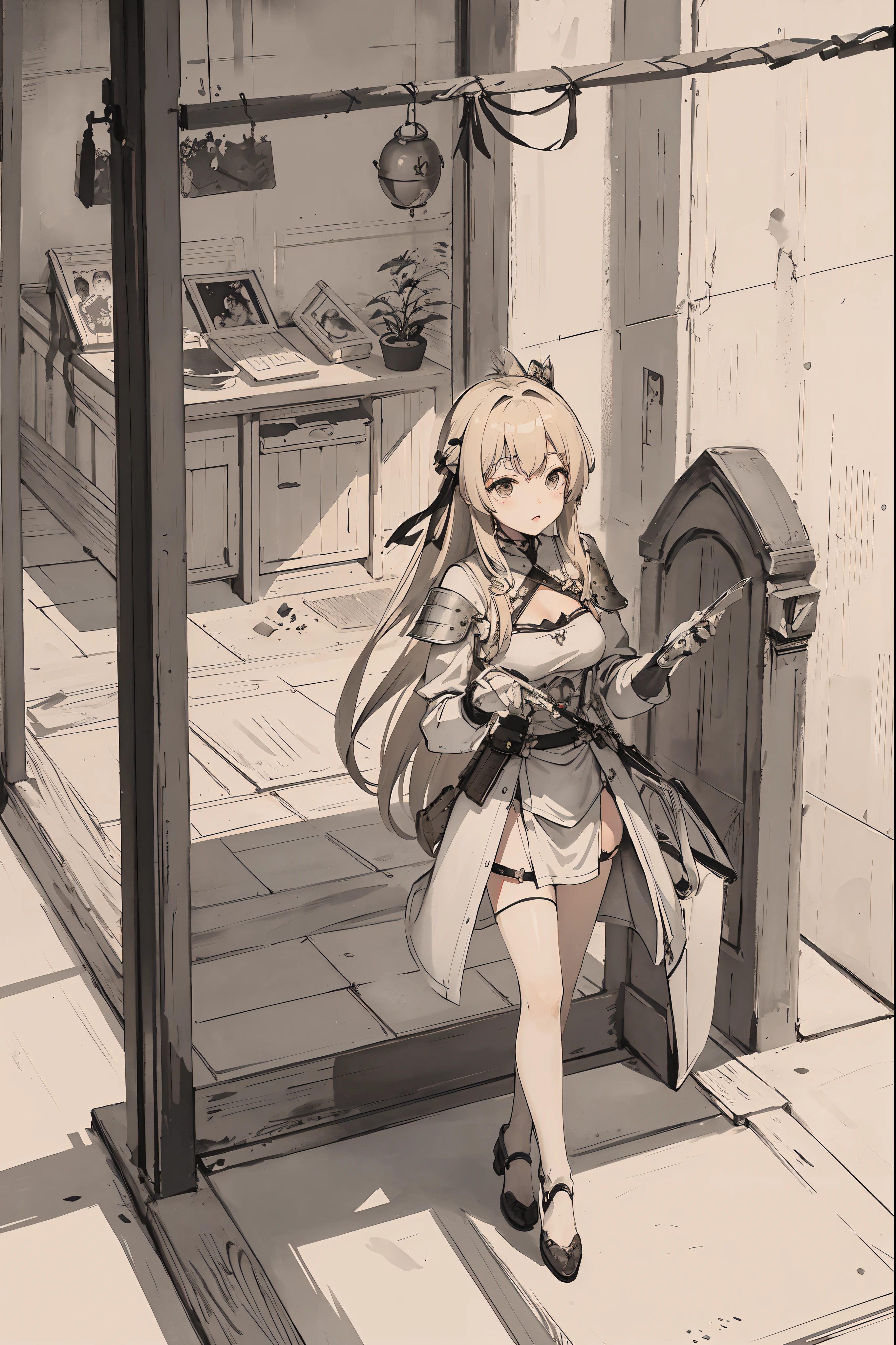 sparrow, knight, knight armor, blonde hair, teen, girl, medium breast, slim