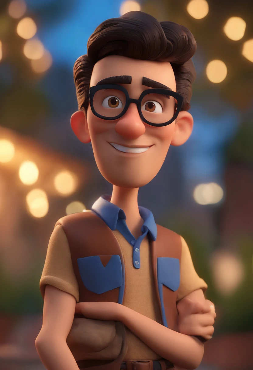 Cartoon character of a man wearing black glasses and a blue shirt, um personagem animado, Caractere estilizado, animation style rendering, 3D estilizado, Arnold Maya render, 3 d render stylized, toon render keyshot, Personagem 3D, Personagem 3D, 3d rendering stylized, 3 d character render, personagem de desenho animado, Personagem de close up, Pose de personagem, (Estilo Pixar) (master part:1.2) (Bokeh) (best quality) (pele detalhada) (textura detalhada) (8k) (argila) (Cinematic lighting) (foco nítido，Senta e vaza a parte superior do corpo