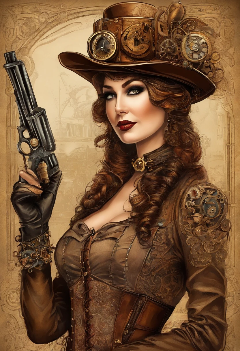 There's a woman wearing a Steam Punk hat and holding a gun., menina Steampunk, usando trajes Steampunk, menina inventora Steampunk, (Steampunk), ( Steampunk ), estilo Steampunk, Steam-punk, Steampunk Fiction, steampunk aesthetic, uma deusa Steampunk bonita, Steampunk mulher anime bonita, Steampunk, fantasia Steampunk, estilo de fantasia Steampunk, arte Steampunk, arte digital Steampunk, roupas Steampunk