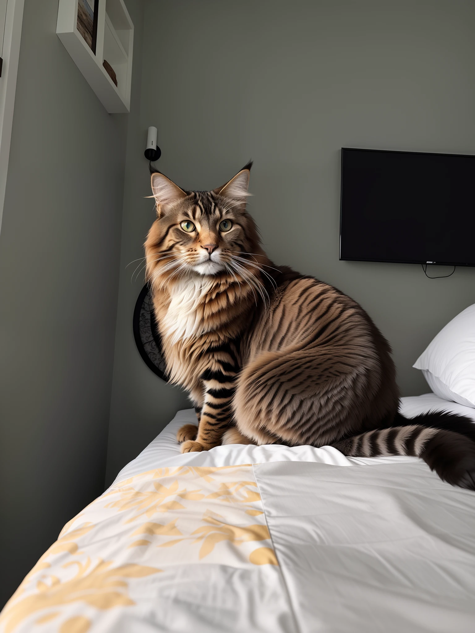 There's a cat sitting on a bed with a pillow, sentada em sua cama, sentado em uma cama, sentado na cama, anthropomorphic large maine coon, serious mainecoon cat looking, Maine Coon, looking away from camera, olhando para o lado, fazendo uma pose majestosa, Looking away from the camera, olhando de lado!