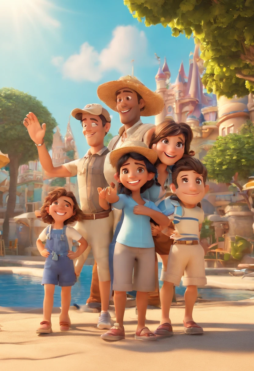 Cartoon of friends having fun on vacation together,  3D Animation Movie Poster, Poster de filme animado, pixar 3 d animation style, pixar renderman rendering, maia 8 mil, animated film, Disney Pixar Estilo 3D, amigos felizes saem juntos, all wearing light blue shirts and cream brown long pants, camisa azul clara, cream brown pants, ao ar livre, vacation, Disney Pixar Animation Poster