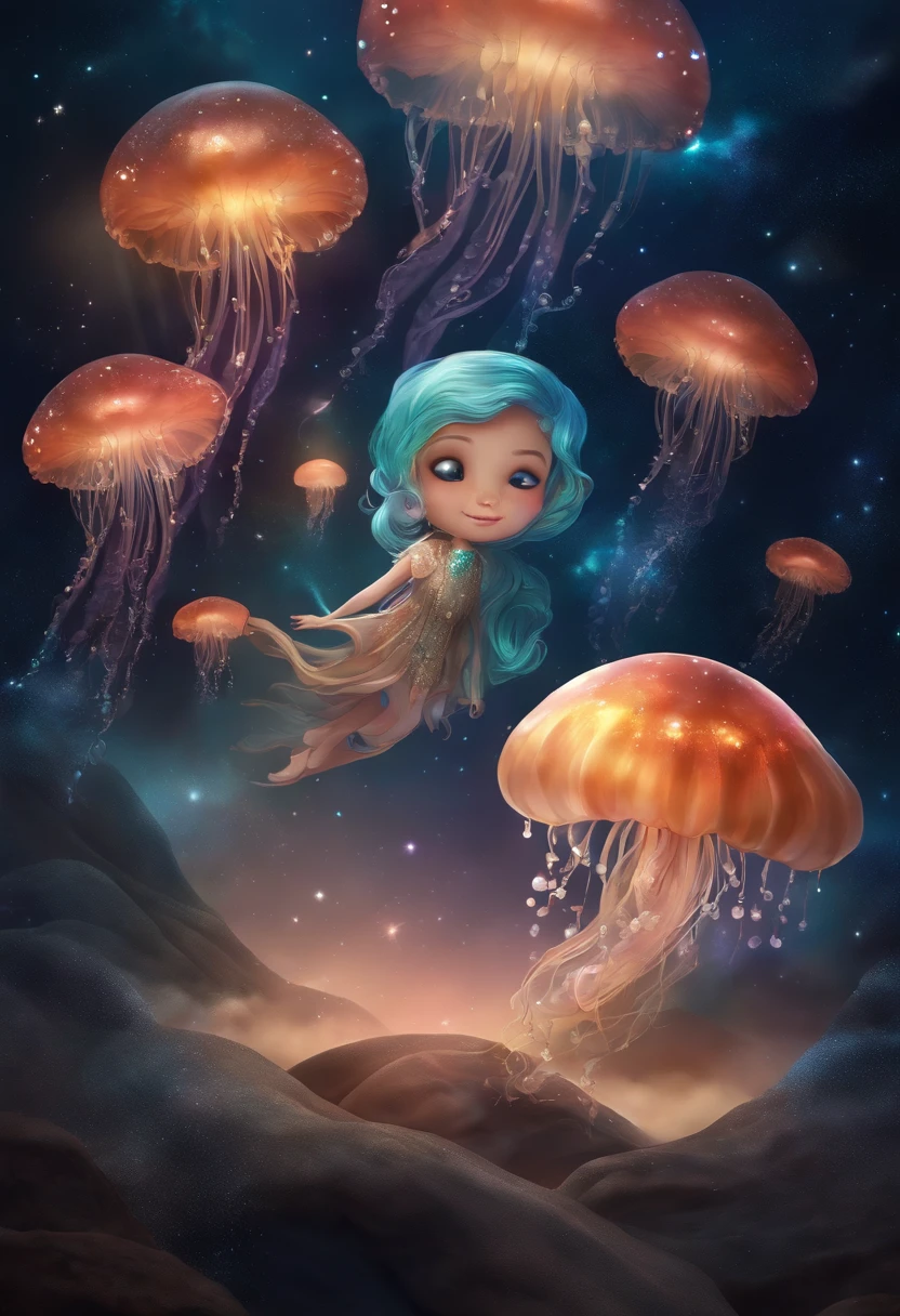 galaxy, foguete, jellyfish, Estrela cadente, arte fofa. Chibi, arte digital. calma aconchegante, mais