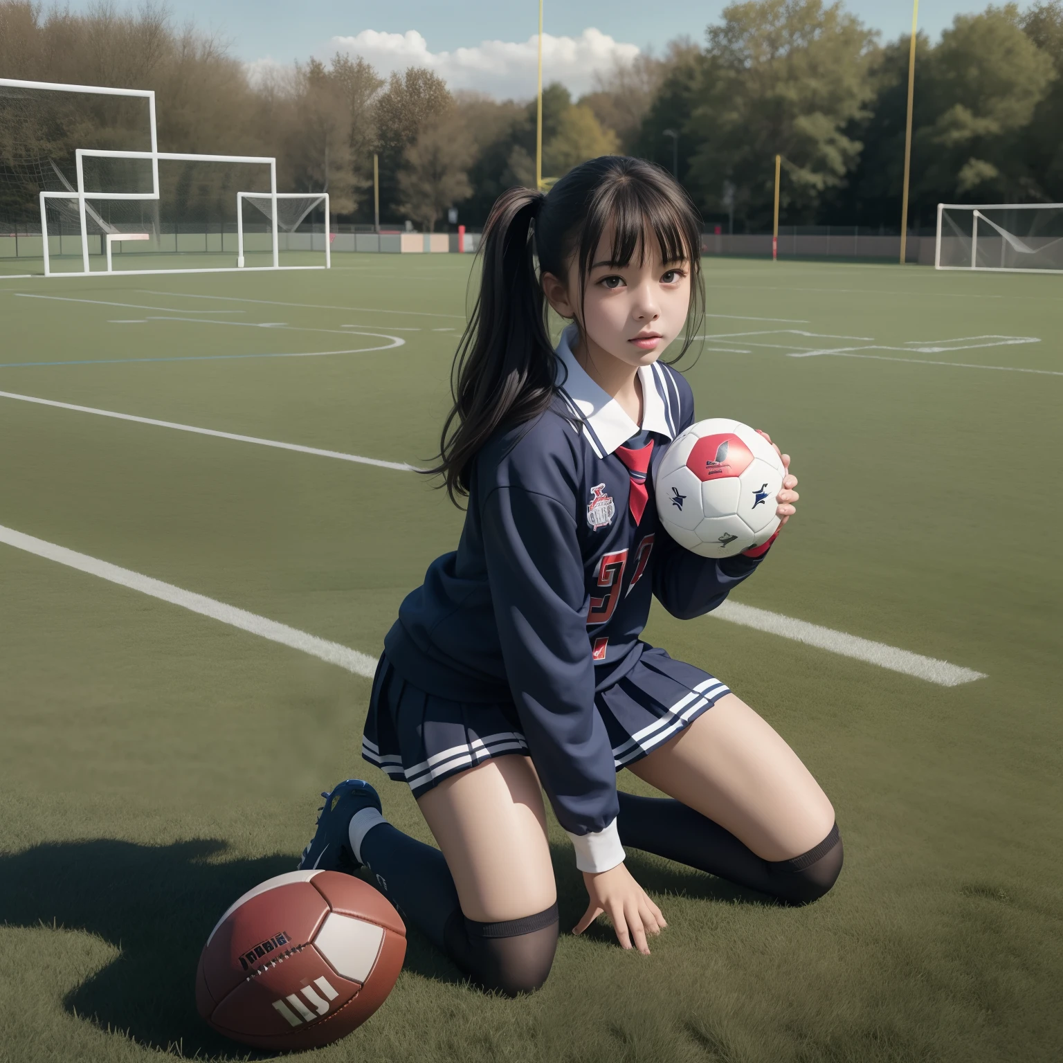 A  girl, Wear football stockings, Wear football boots, in school uniform, Kneel on the playground, Best quality, hyper HD