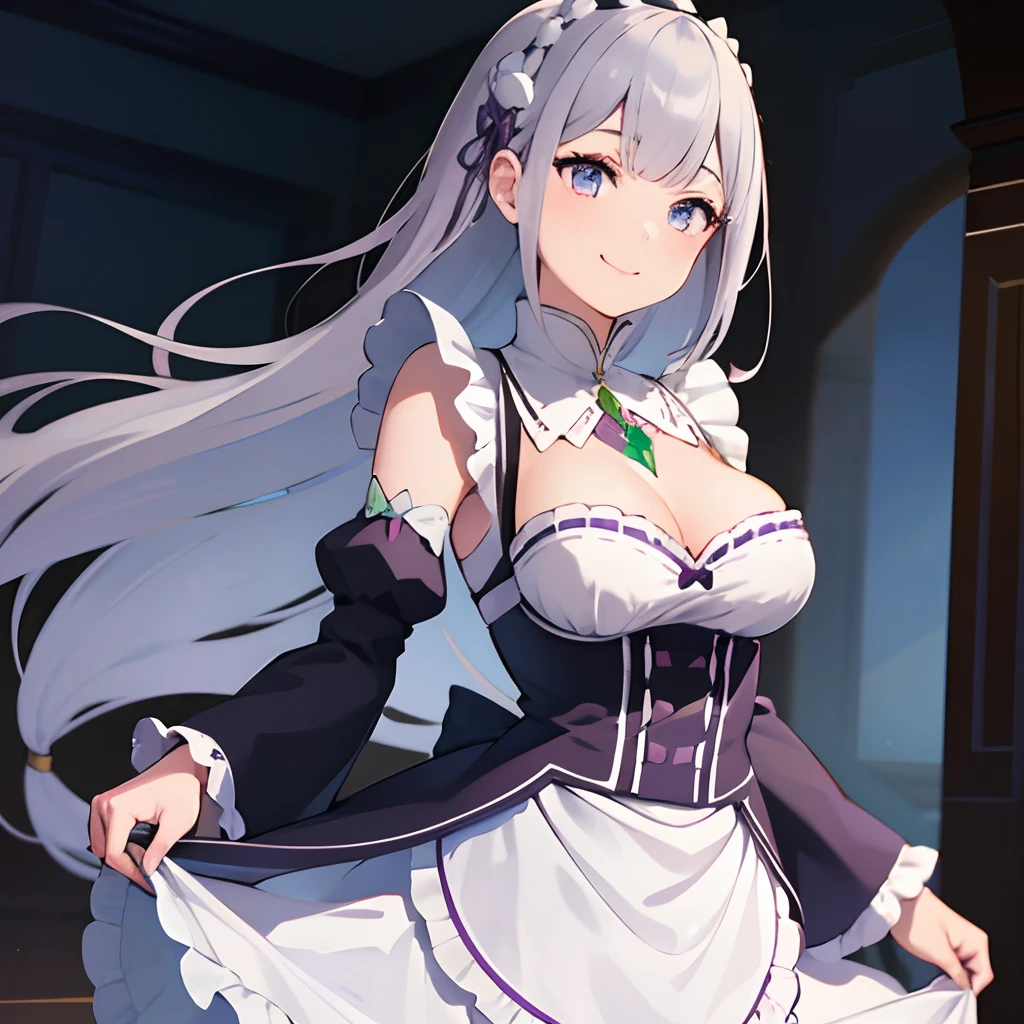 skirt hold, beautiful, masterpiece, best quality, extremely detailed face, perfect lighting, roswaal mansion maid uniform, 1girl, emilia, cleavage, breasts, cowboy shot, purple eyes, smile, long hair