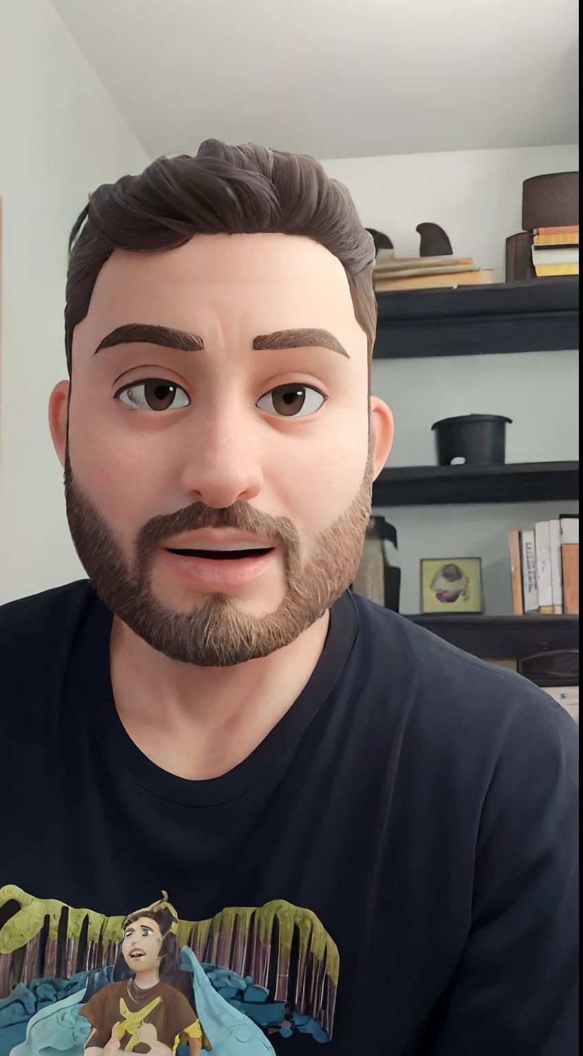 Jovem rapaz de 25 anos com barba, cabelos e olhos castanhos. Wearing an earthy beige blouse with light pants and a t-shirt underneath the button-down shirt in an earthy color. The layered t-shirt is clear. Wearing light trousers in a tile tone, sentado em uma poltrona vermelha. Ao fundo, a graphite gray wall with moldings and decoration ornaments in the style of a Pixar cartoon.