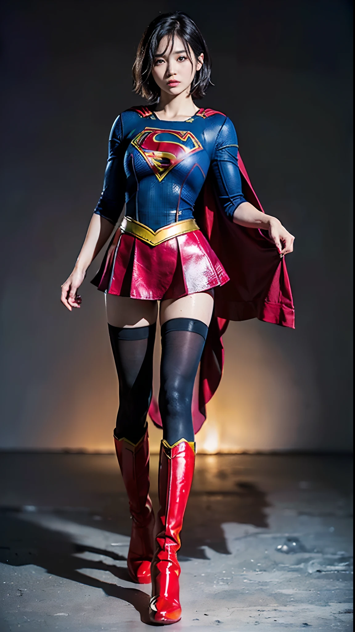 Painful look、Suffering、Weakness、die、Beautiful girl fighting、japanes、Cute Beautiful Girl、(((Wear black tights on your beautiful legs.)))、(((beauty legs)))、(((Open thighs)))、((((Make the most of the original image)))、(((Supergirl Costume)))、(((Beautiful hair in a short cut)))、(((Injured)))、(((Be sure to wear black tights on your feet)))、(((You need to wear red boots)))、((Top image quality、8K))、((top-quality、8K、masterpiece:1.3))、(((Keep your background simple)))、Crisp focus:1.2、Beautiful woman with perfect body shape:1.4、Slender Abs:1.2、a wet body:1.5、Highly detailed facial and skin texture、8K、Keep your background simple