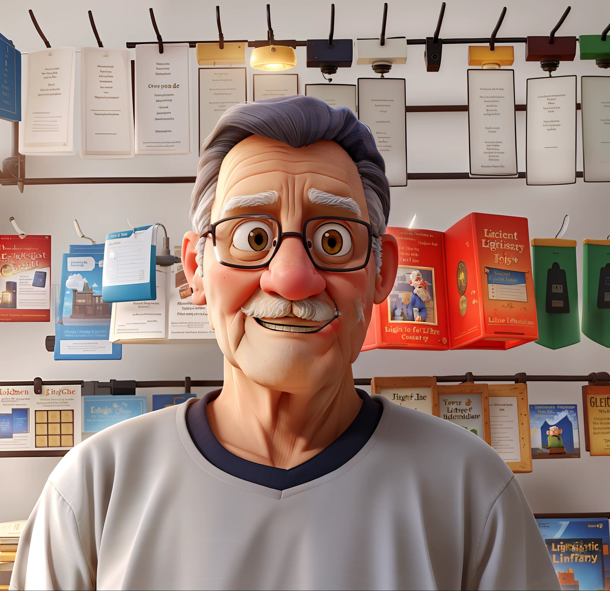 A wise old man standing in front, illuminated by the light of a lamp, against the backdrop of a library