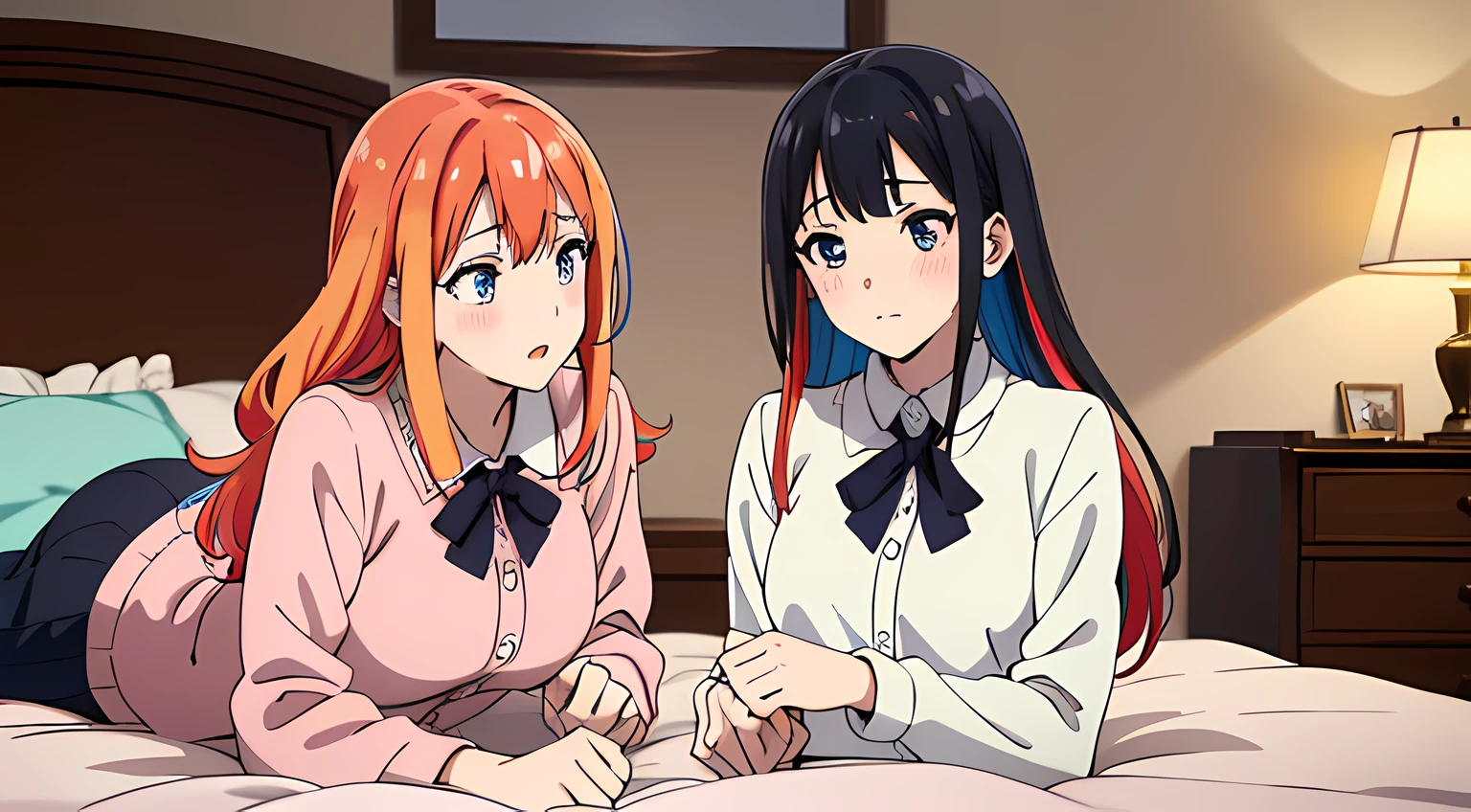 2 girls, Engage Kiss, (beautiful eyes finely detailed, multicolored hair different colors), wearing different outfit, laying down in bed, full body, teasing facial expression, looking at the camera, blush on their face, bedroom, master piece, sidelighting, top-quiality, detailed, full body photos, High Resolution anime illustration