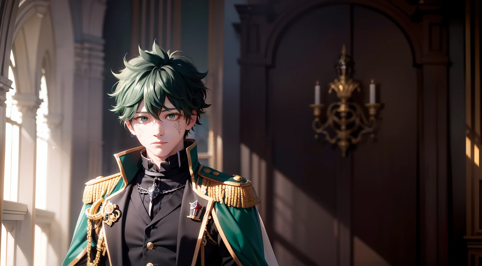 Midoriya Izuku, he is dressed in black prince clothes with gold details, his cape is black and glued to the collar of his costume, his expression is perverse, it is noted that he is in a medieval palace with neutral colors like: black, gray and white. In this palace there are large bright panes of glass, luminous landscape. His eyes are green, his hair very dark green, his waist is thin although he is a grown man, high resolution, masterpiece, focus on the landscape.