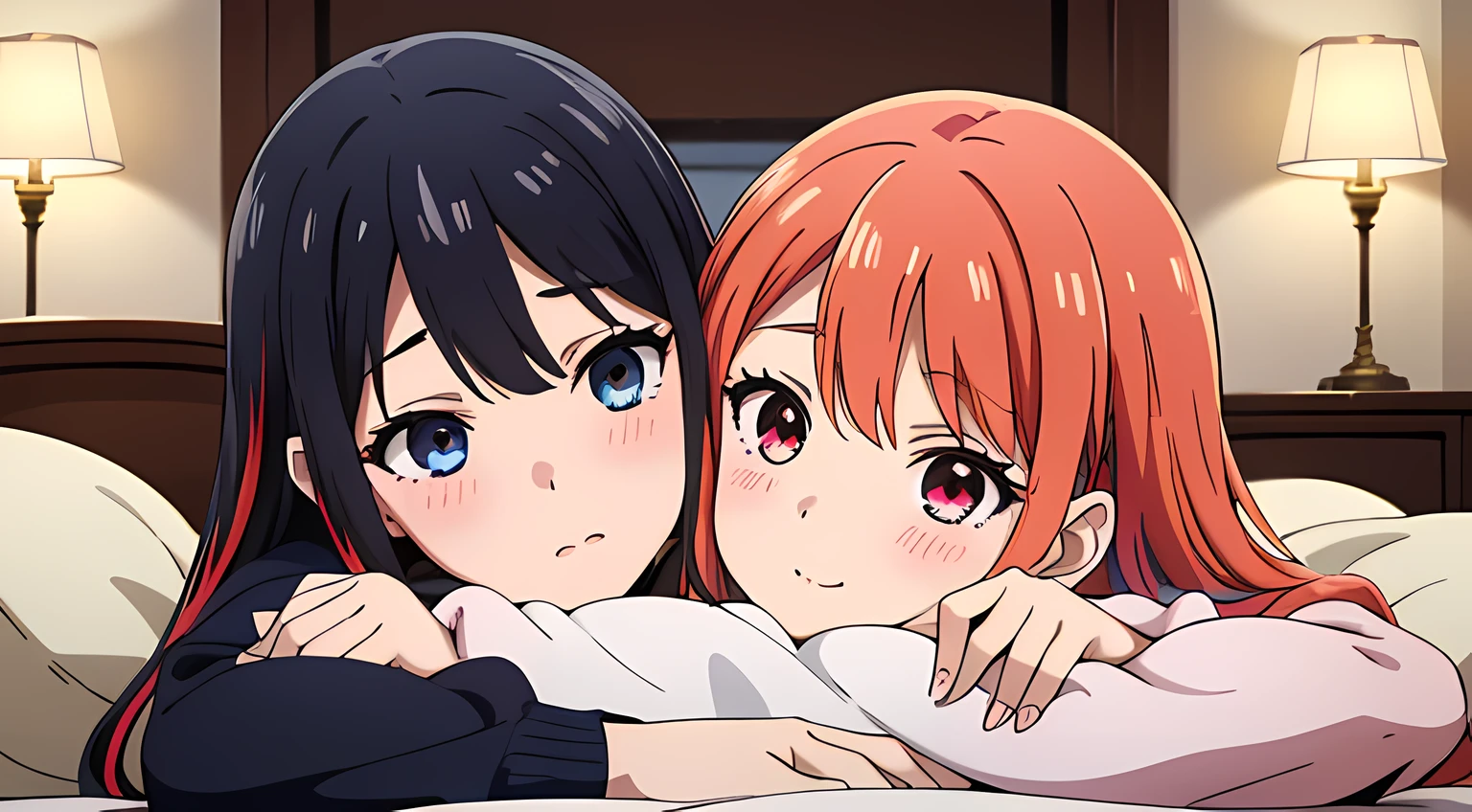 2 girls, Engage Kiss, (beautiful eyes finely detailed, multicolored hair different colors), wearing different outfit, laying down in bed, full body, teasing facial expression, looking at the camera, blush on their face, bedroom, master piece, sidelighting, top-quiality, detailed, full body photos, High Resolution anime illustration