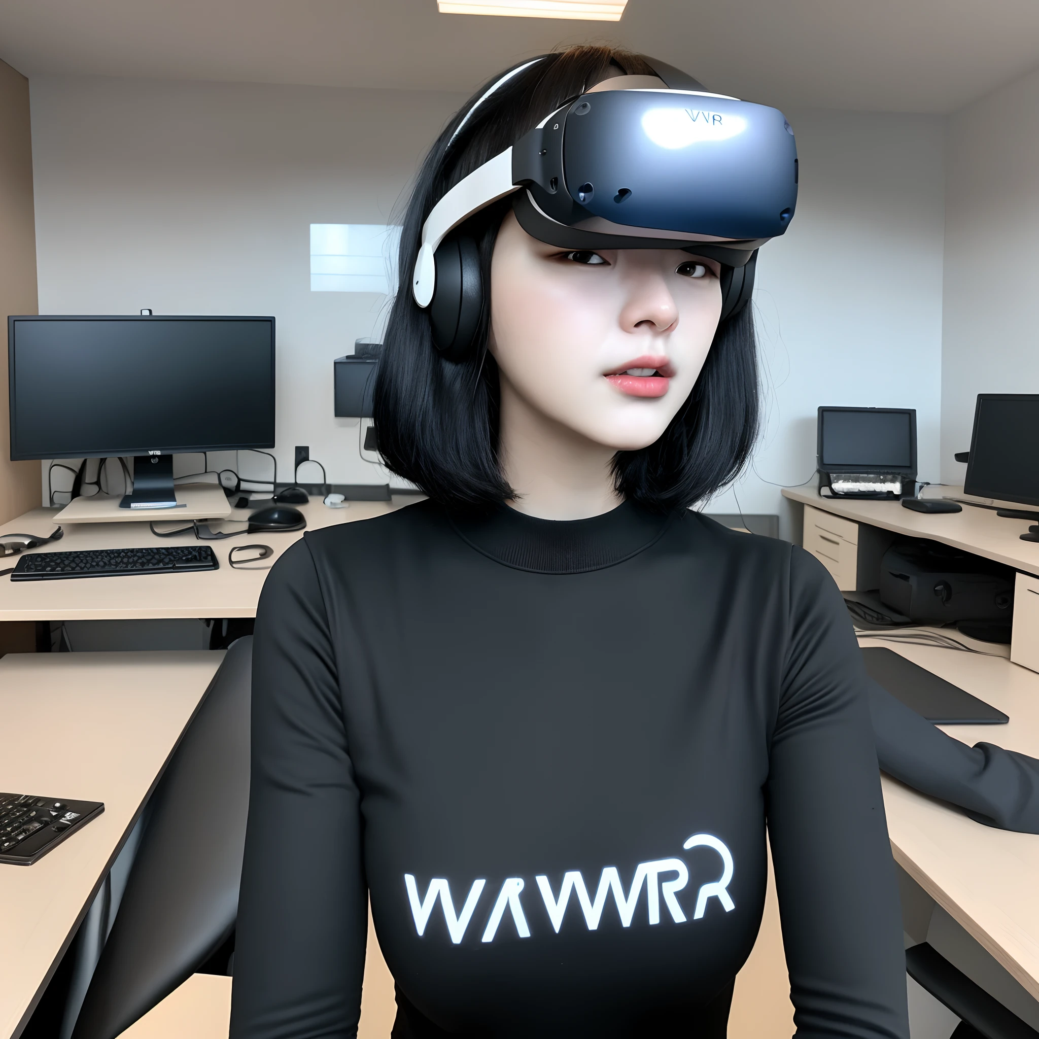 25 year old woman short black hair 4’8 in height wearing VR headset in a office turned to the right