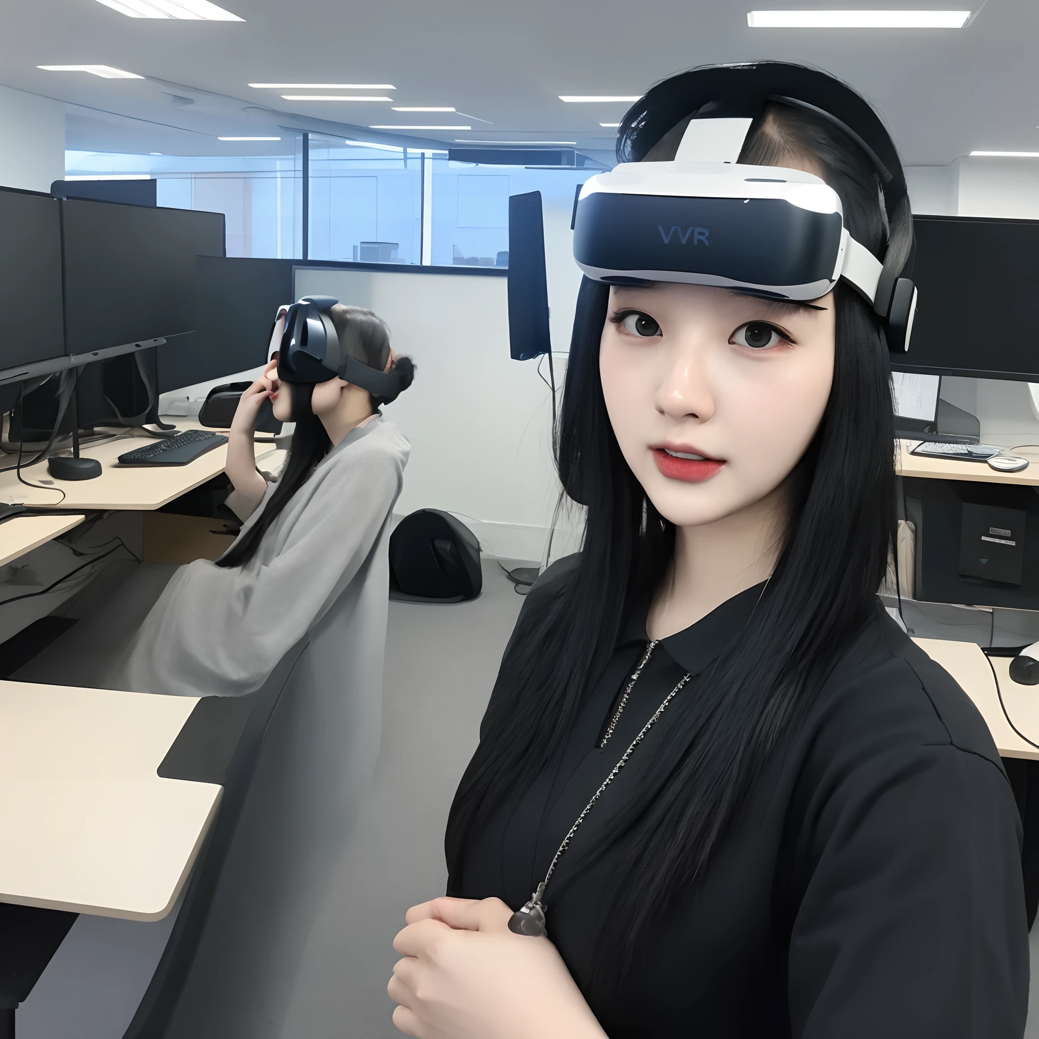 25 year old woman short black hair 4’8 in height wearing VR headset in a office turned to the right