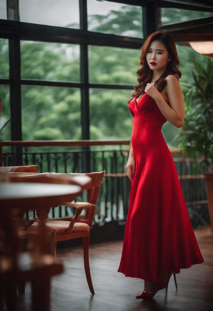 Ultra photo realsisim, Best Beautiful Korean Girl, full bodyesbian, Wavy hair, On Love Hotel（love hotel）, cleavage, Open navel, short red dress，Grey Stockings，High heels, rendering by octane, Beautiful detailed eyes, Wet clothes