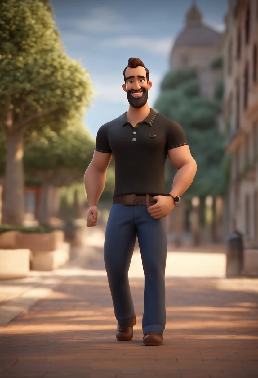 Personagem de desenho animado de um homem com uma camisa polo preta, cabelo liso preto, Com barba preta, animation character, Caractere estilizado, animation style rendering, 3D estilizado, Arnold Maya render, 3 d render stylized, toon render keyshot, Personagem 3D, Personagem 3D, 3d rendering stylized, 3 d character render, personagem de desenho animado, Personagem de close up, Pose de personagem, (Estilo Pixar) (master part:1.2) (Bokeh) (best quality) (pele detalhada) (textura detalhada) (8k) (argila) (Cinematic lighting) (foco nítido